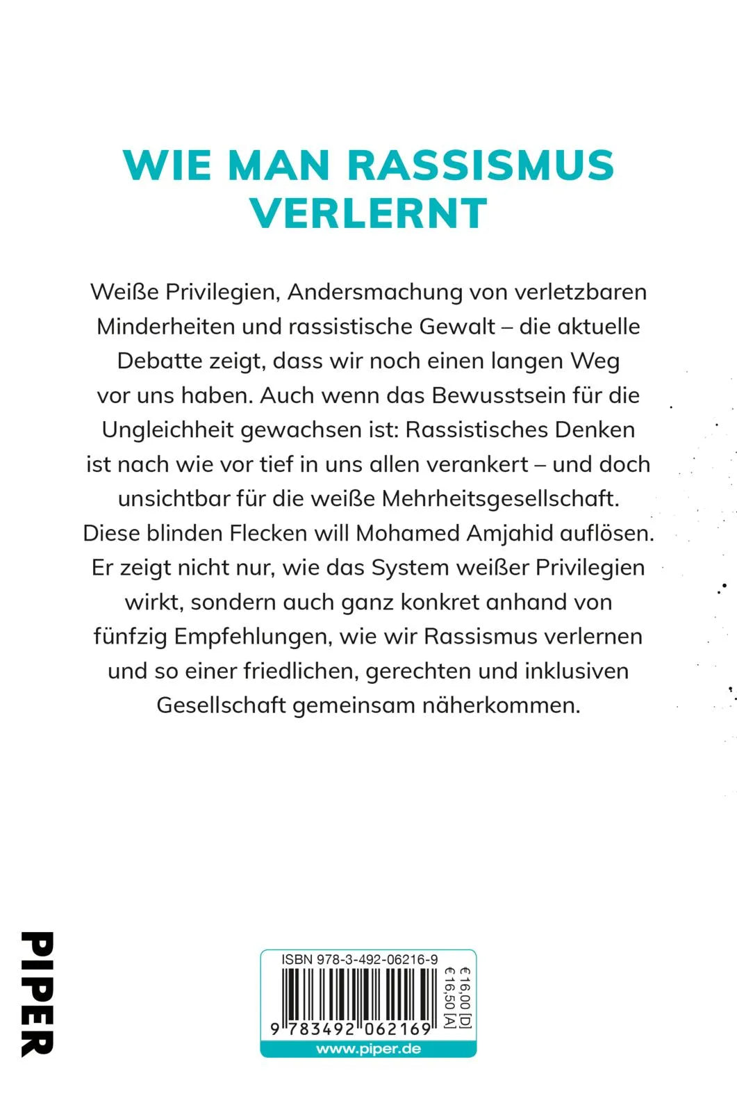 Buchrückseite von 'Der weiße Fleck' mit Klappentext - Paperback