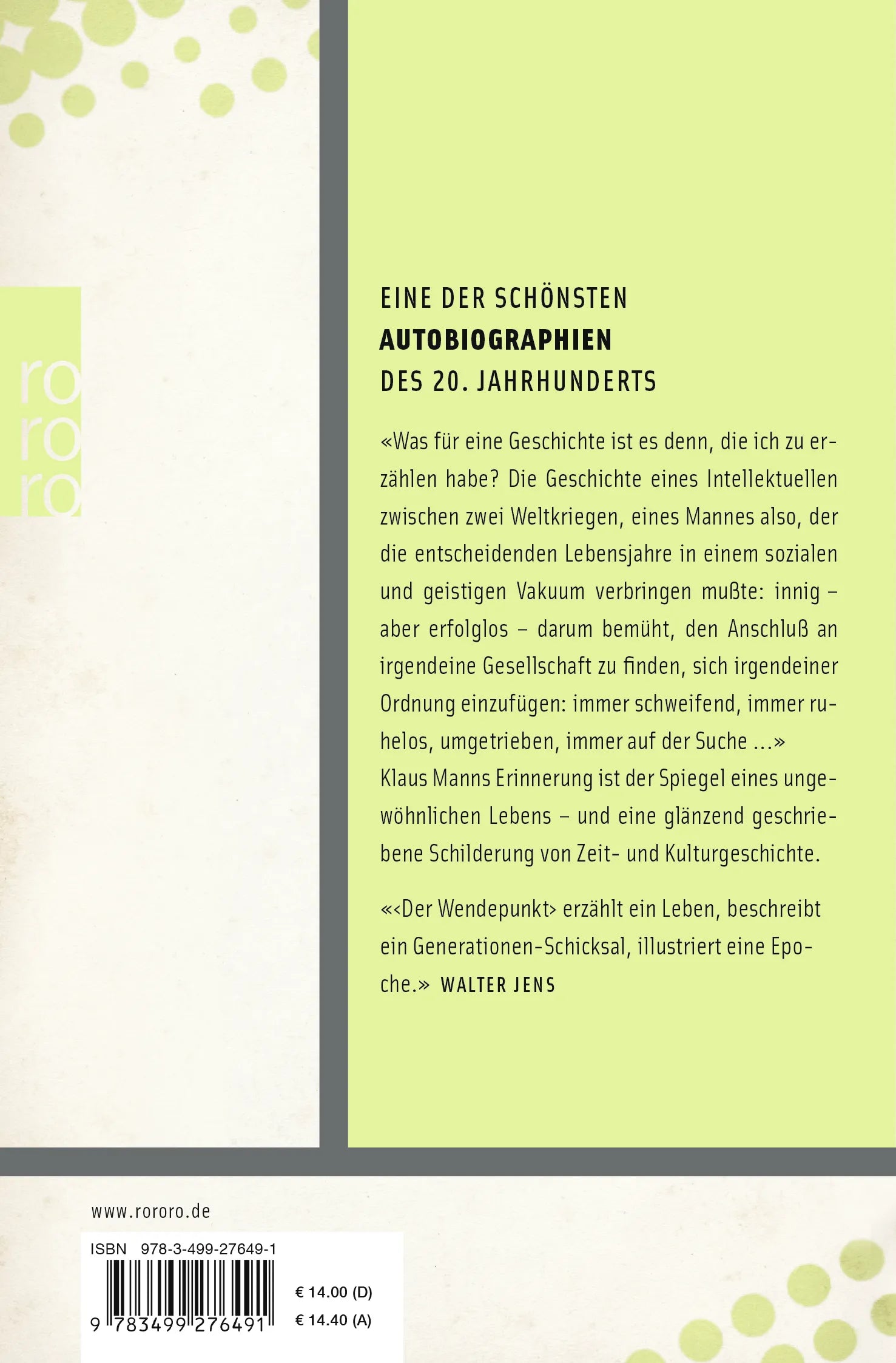 Buchrückseite von 'Der Wendepunkt' mit Klappentext - Taschenbuch