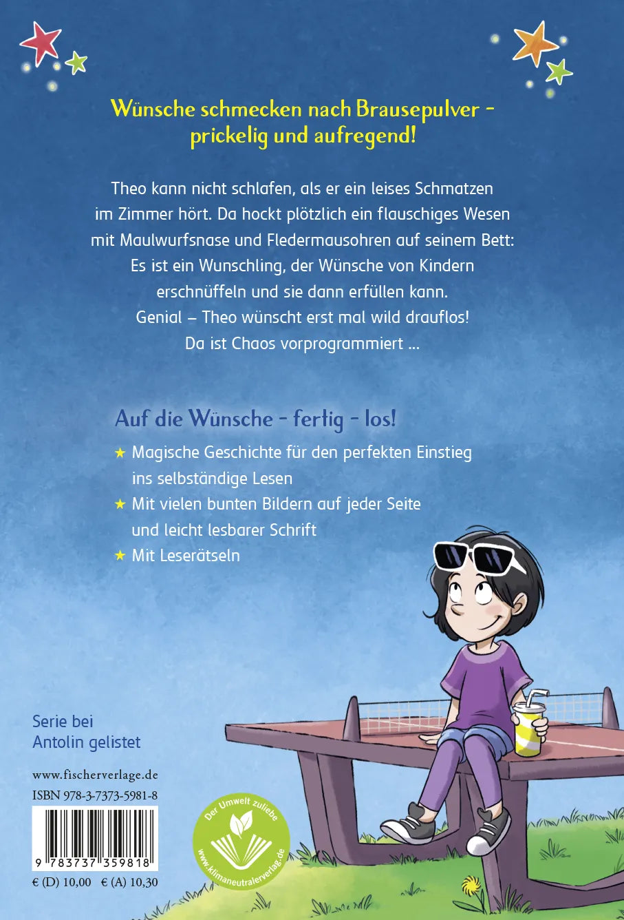 Buchrückseite von 'Der Wunschling – Wünsche schmecken nach Brausepulver' mit Klappentext - Gebundene Ausgabe