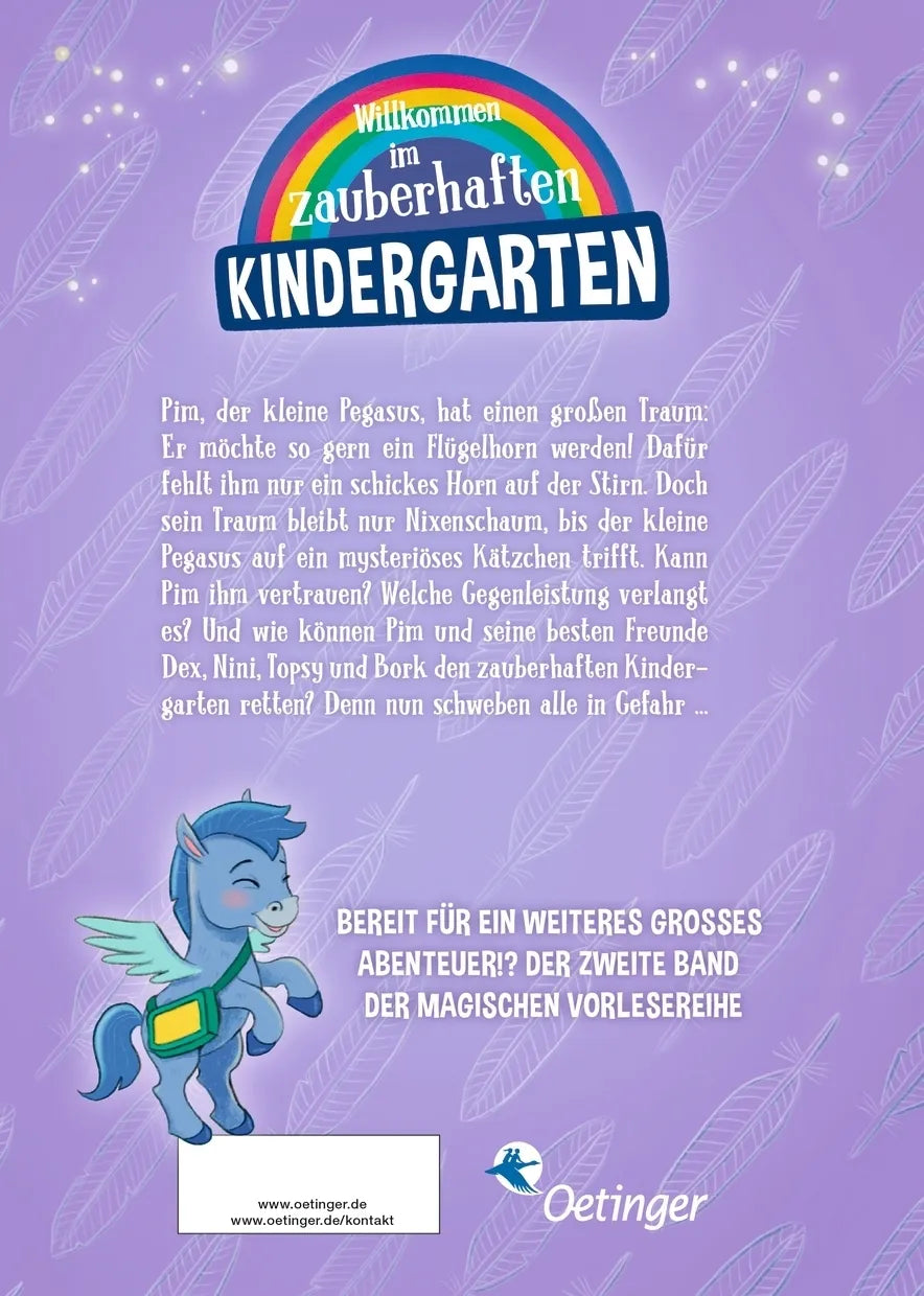 Buchrückseite von 'Der zauberhafte Kindergarten 2. Es ist noch kein Pegasus vom Himmel gefallen' mit Klappentext - Gebundene Ausgabe