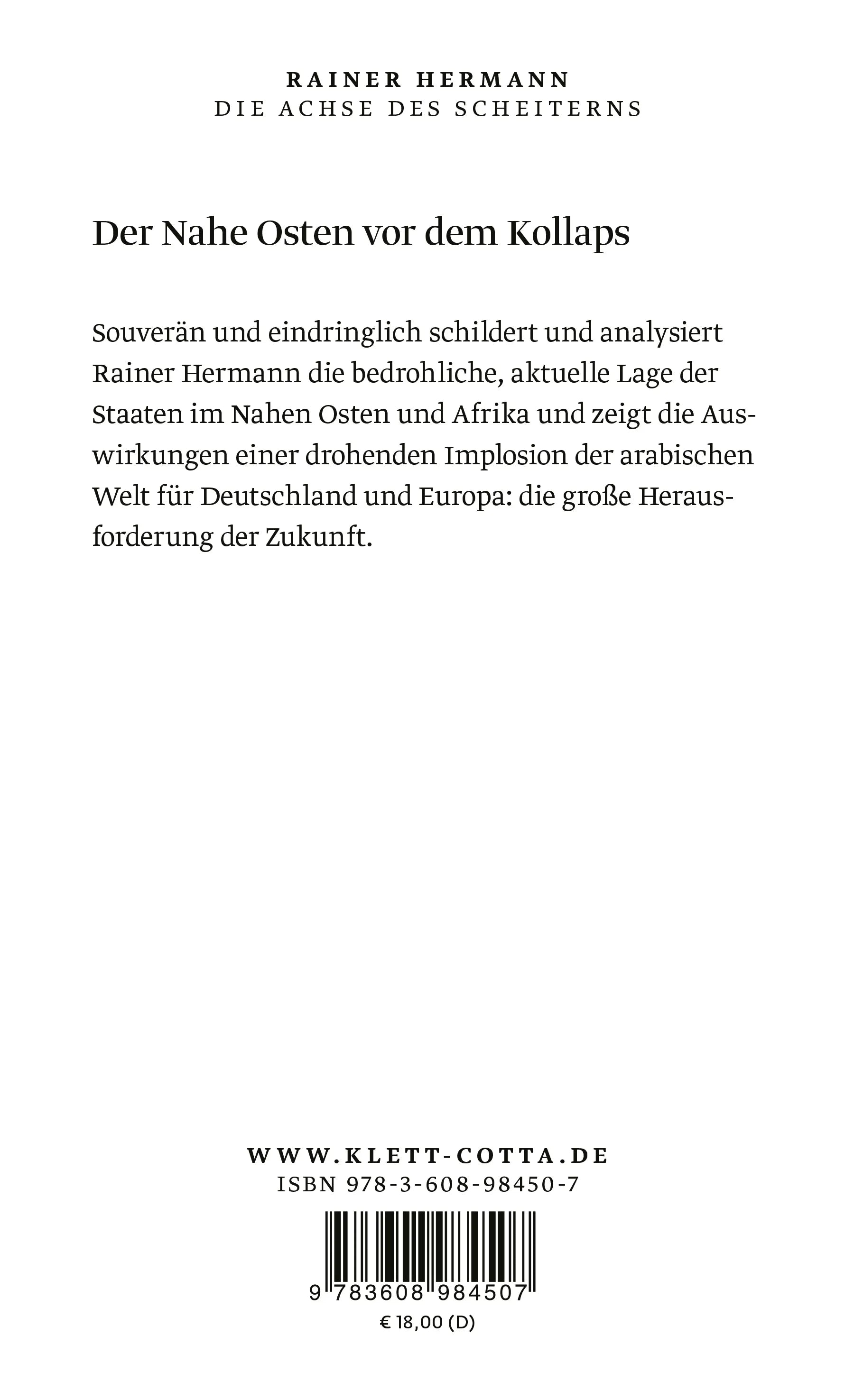 Buchrückseite von 'Die Achse des Scheiterns' mit Klappentext - Paperback