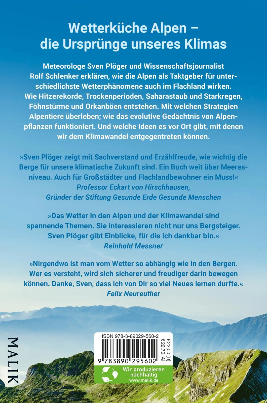 Buchrückseite von 'Die Alpen und wie sie unser Wetter beeinflussen' mit Klappentext - Paperback