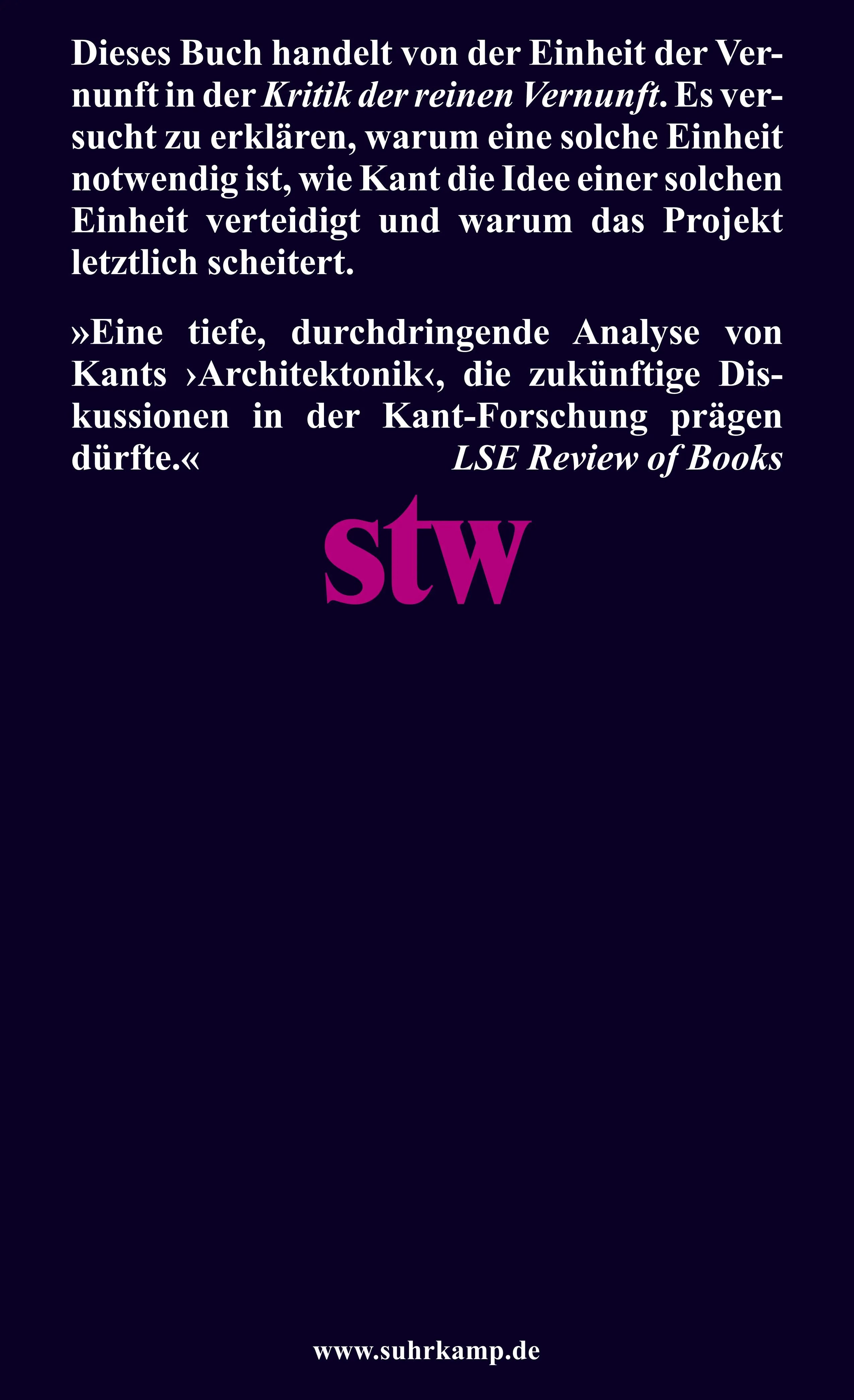 Buchrückseite von 'Die Architektonik der Vernunft' mit Klappentext - Taschenbuch