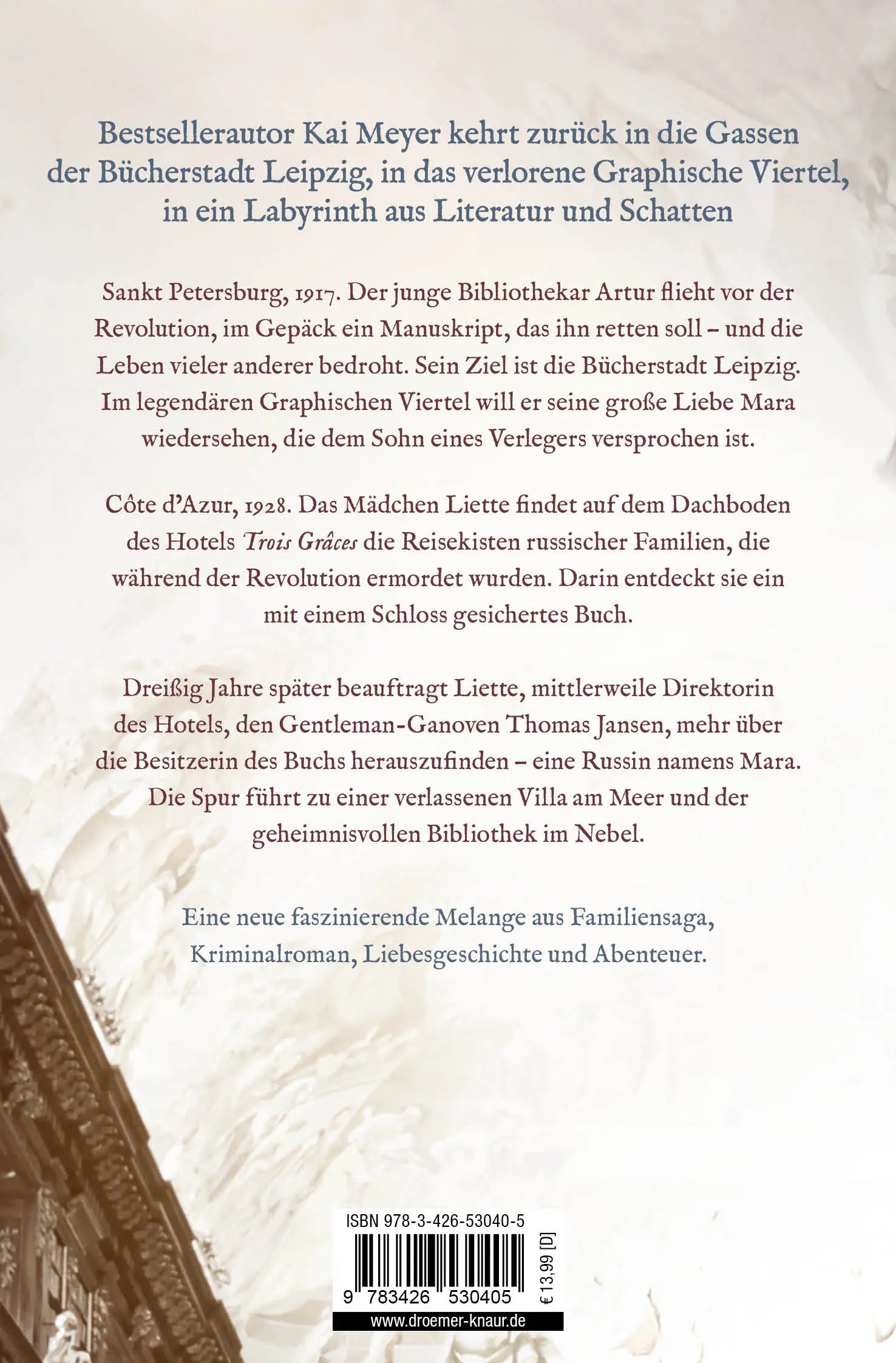 Buchrückseite von 'Die Bibliothek im Nebel' mit Klappentext - Taschenbuch