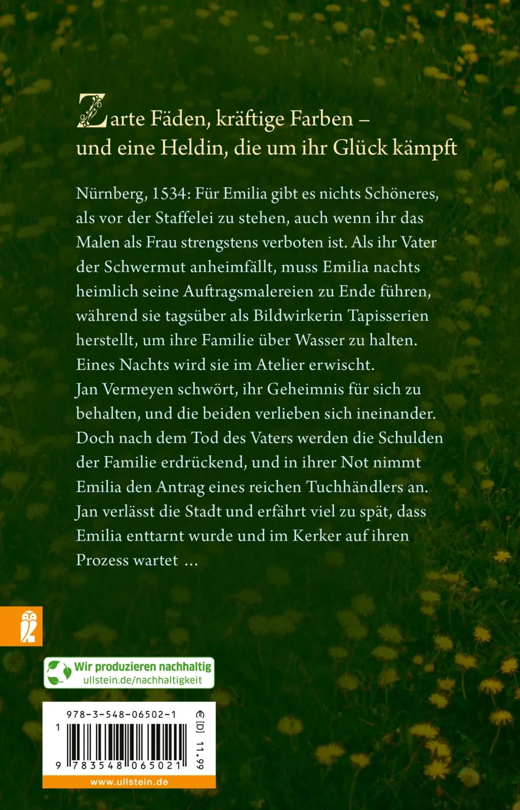 Buchrückseite von 'Die Bildweberin' mit Klappentext - Taschenbuch