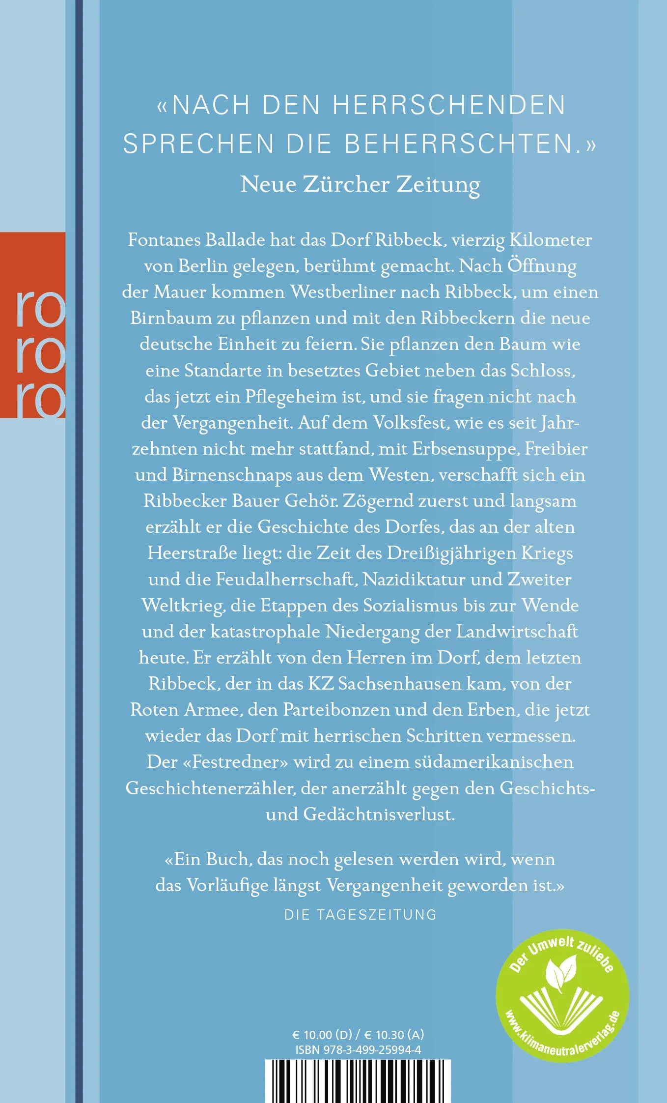 Buchrückseite von 'Die Birnen von Ribbeck' mit Klappentext - Taschenbuch
