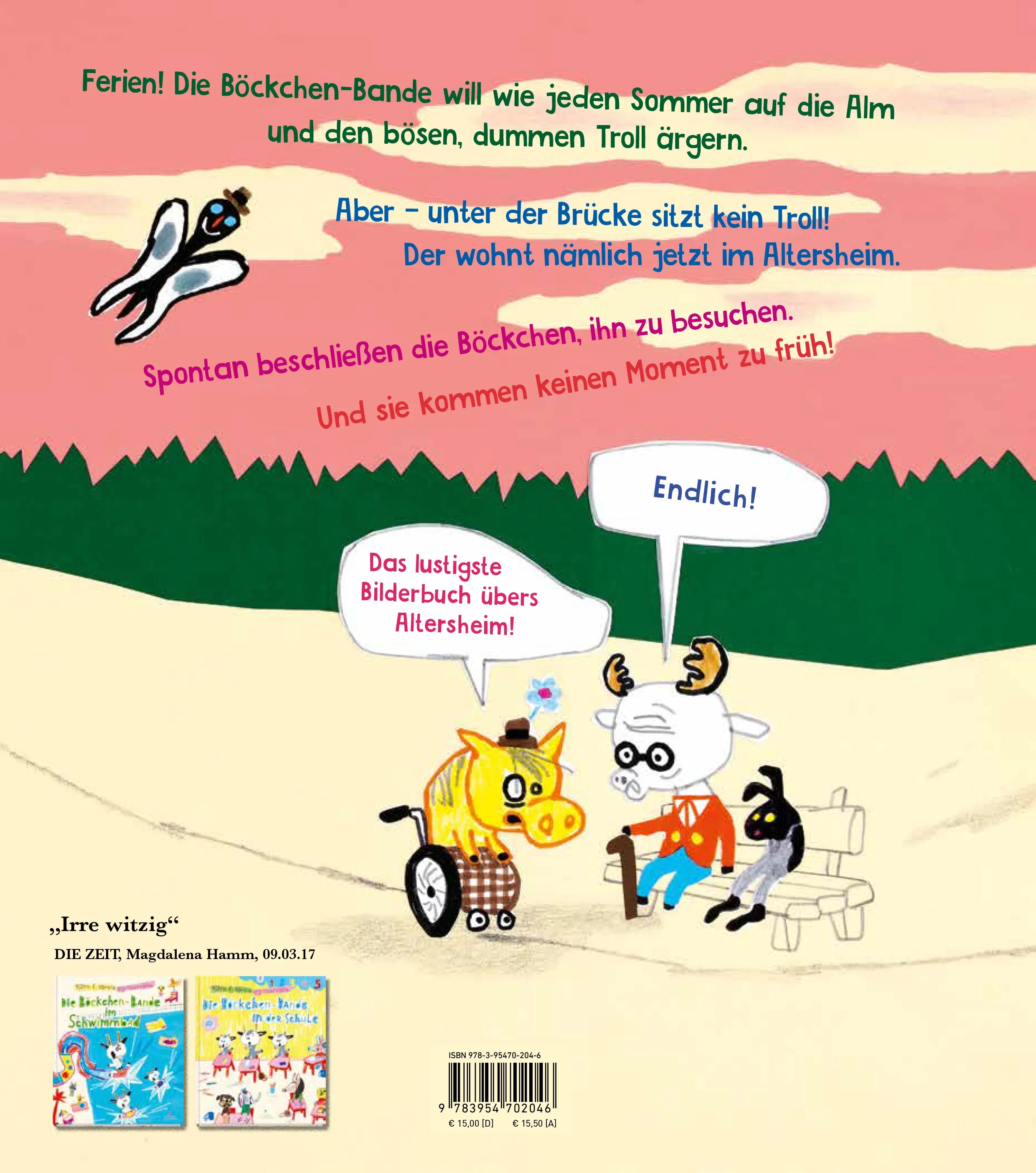 Buchrückseite von 'Die Böckchen-Bande im Altersheim' mit Klappentext - Gebundene Ausgabe