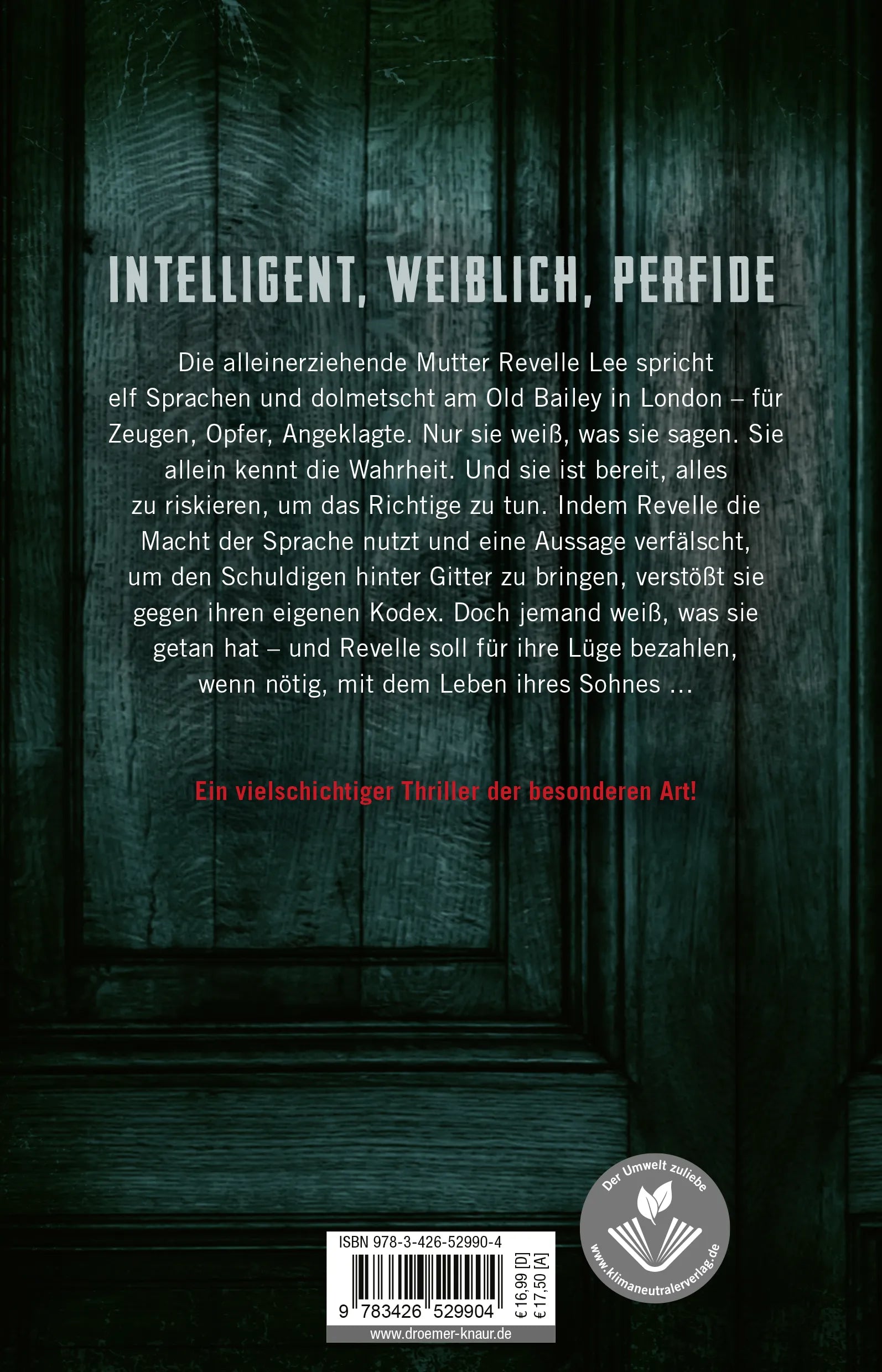 Buchrückseite von 'Die Dolmetscherin - Ihre Übersetzung entscheidet über das Urteil' mit Klappentext - Paperback