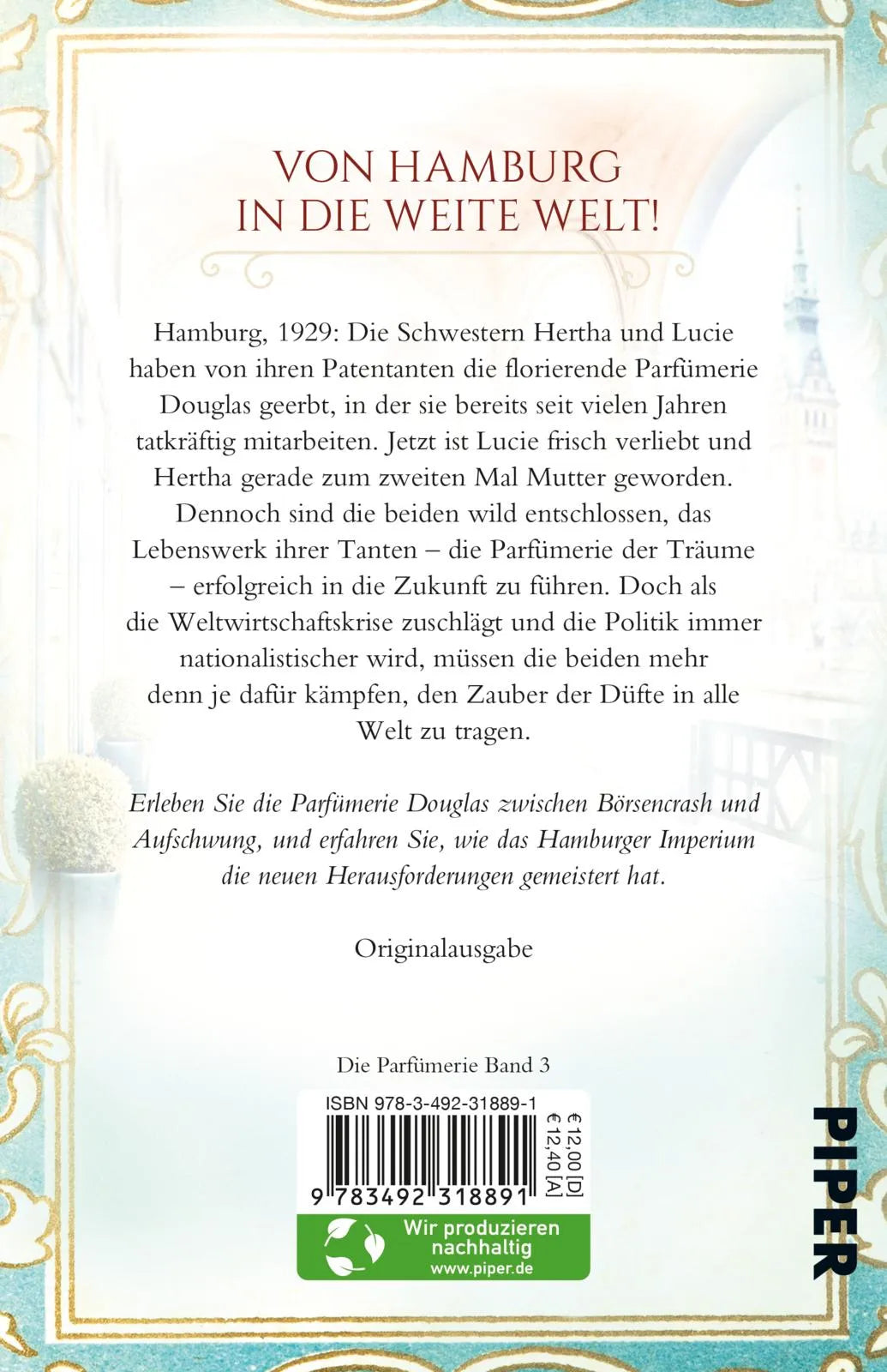 Buchrückseite von 'Die Douglas-Schwestern – Die Parfümerie der Träume' mit Klappentext - Taschenbuch