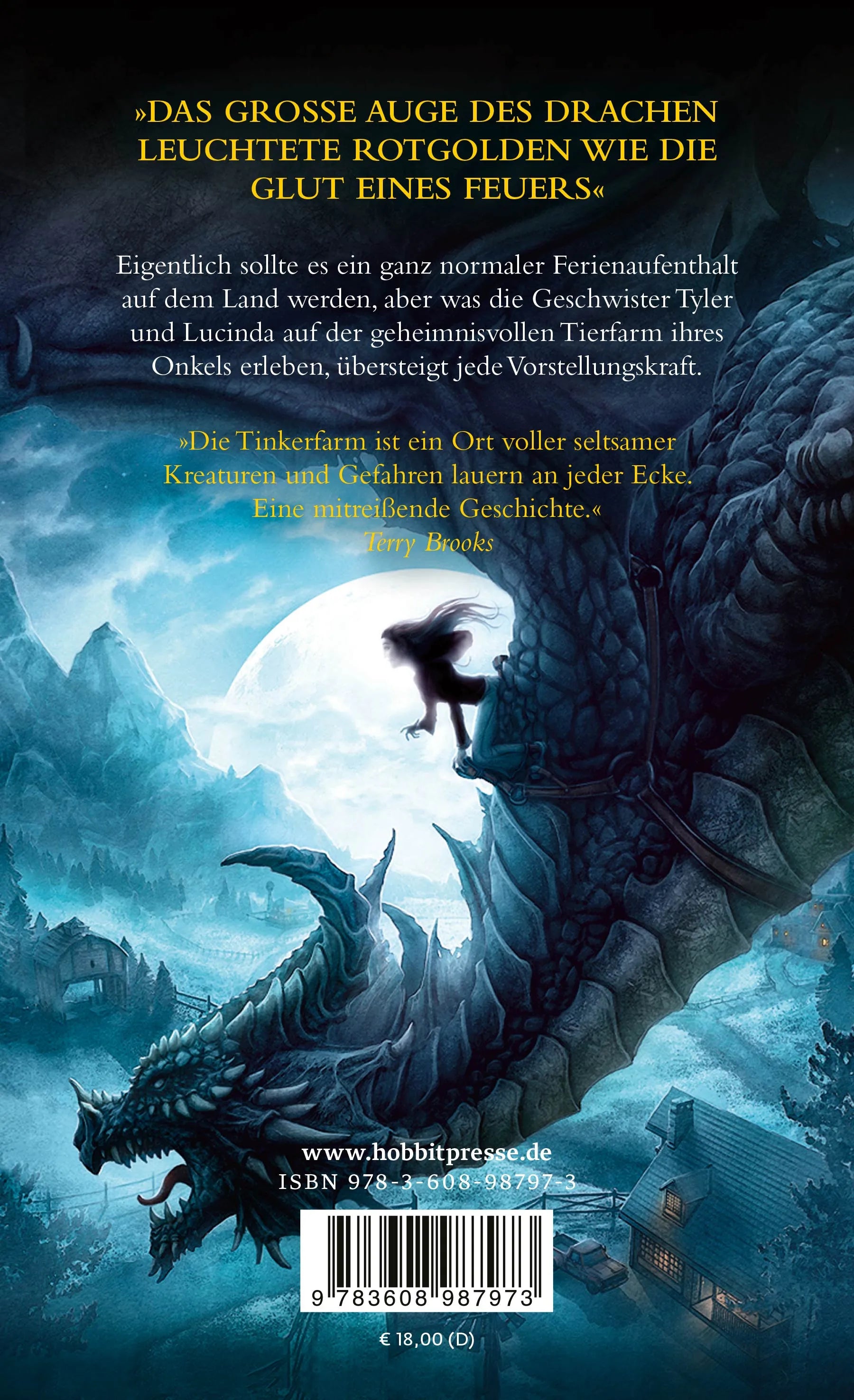 Buchrückseite von 'Die Drachen der Tinkerfarm' mit Klappentext - Taschenbuch