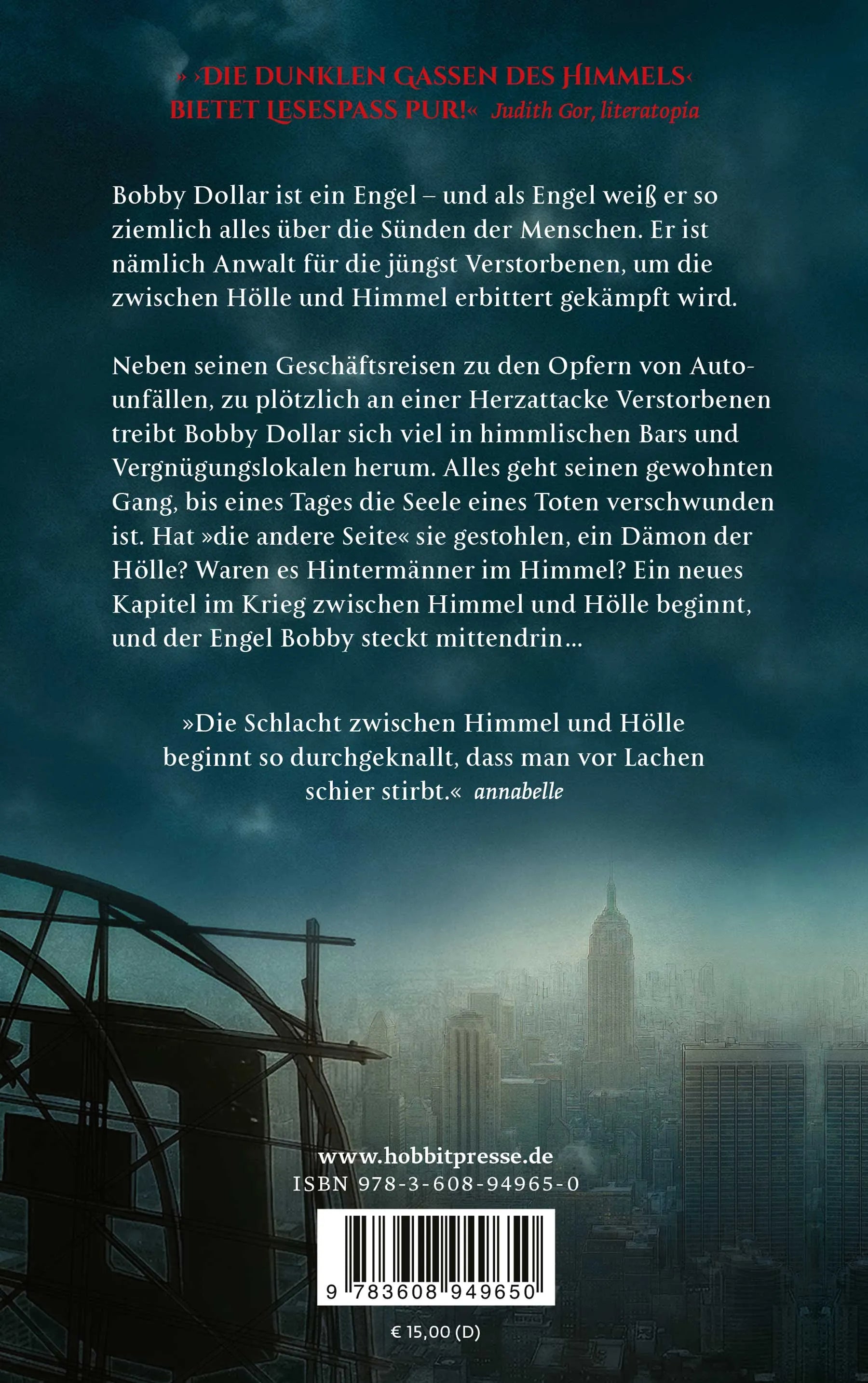 Buchrückseite von 'Die dunklen Gassen des Himmels' mit Klappentext - Taschenbuch