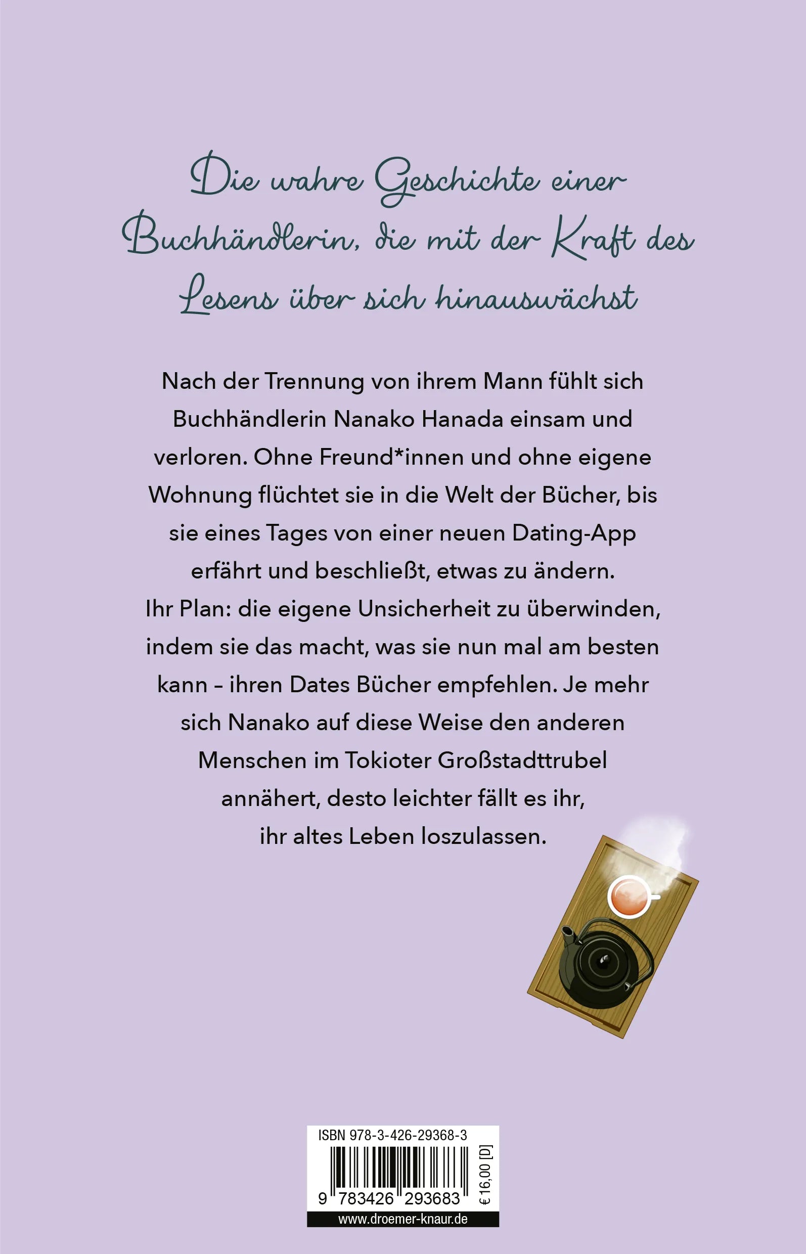 Buchrückseite von 'Die einsame Buchhändlerin von Tokio' mit Klappentext - Paperback