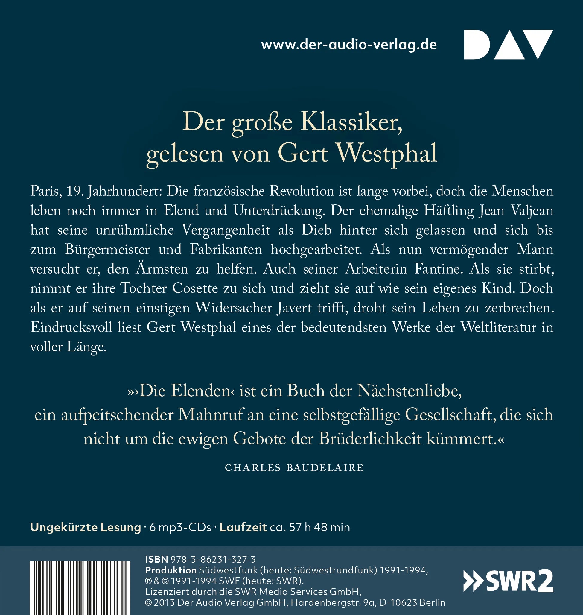 Buchrückseite von 'Die Elenden / Les Misérables' mit Klappentext - Hörbuch (CD)