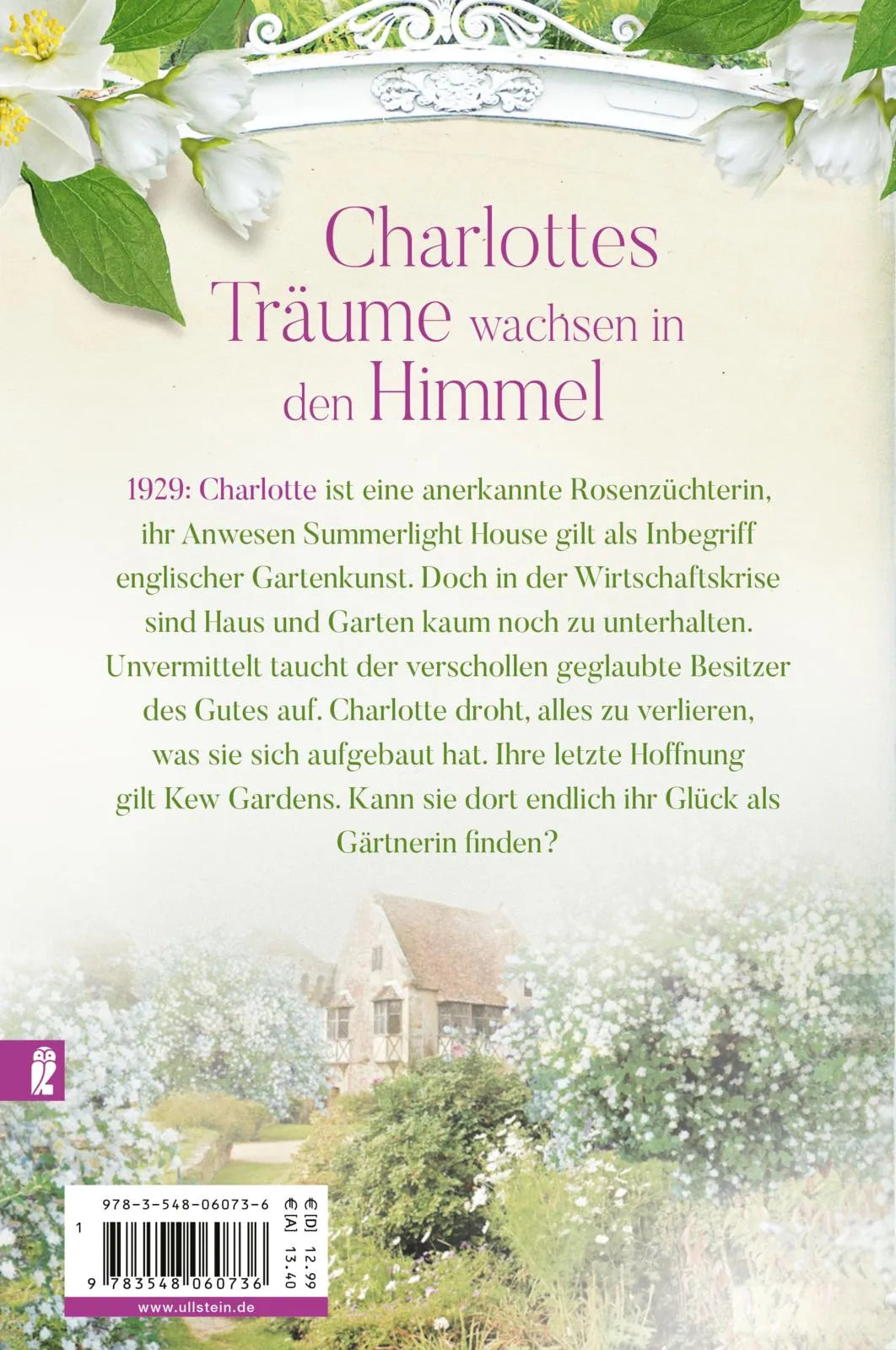 Buchrückseite von 'Die englische Gärtnerin - Weißer Jasmin' mit Klappentext - Paperback