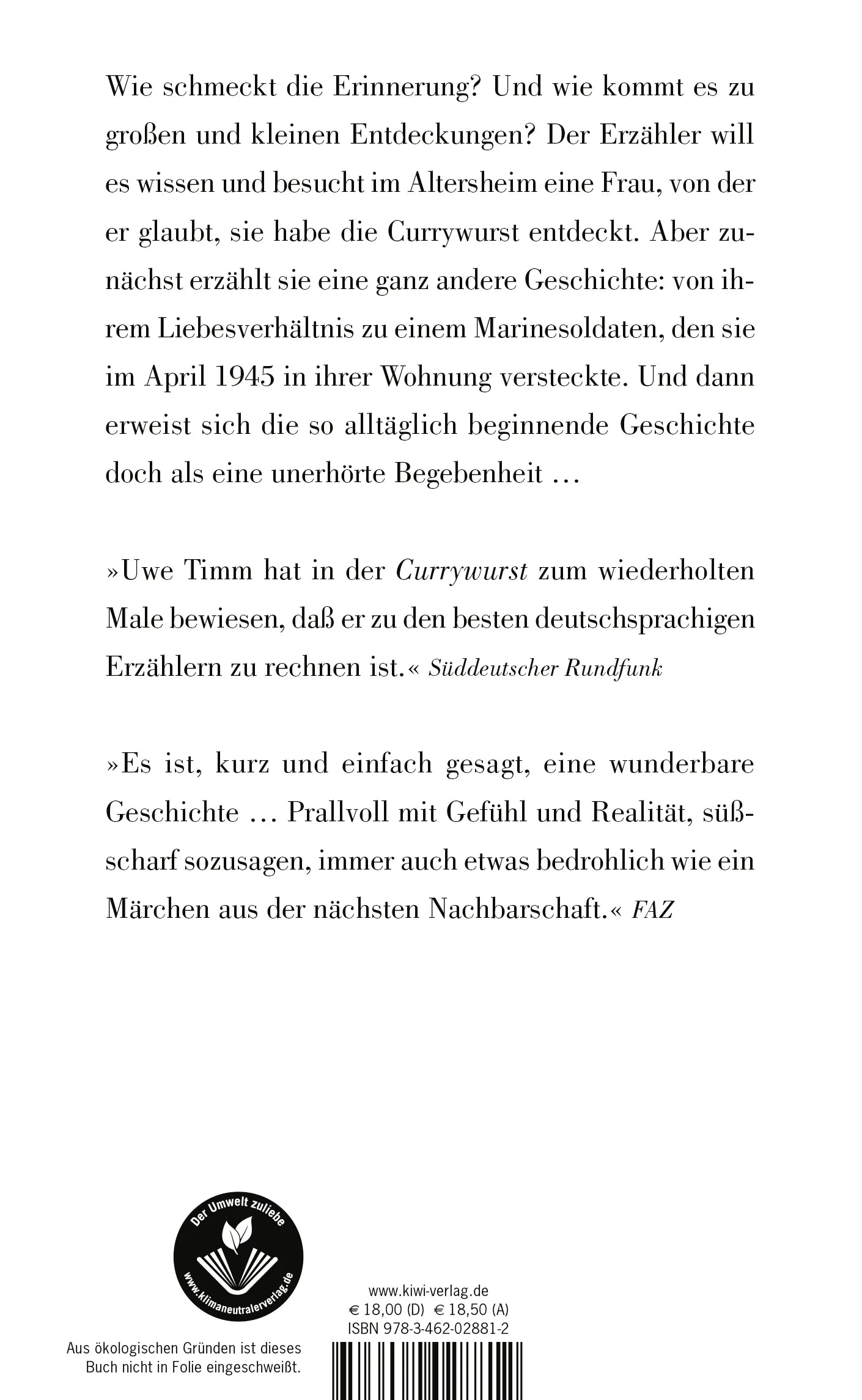 Buchrückseite von 'Die Entdeckung der Currywurst' mit Klappentext - Gebundene Ausgabe
