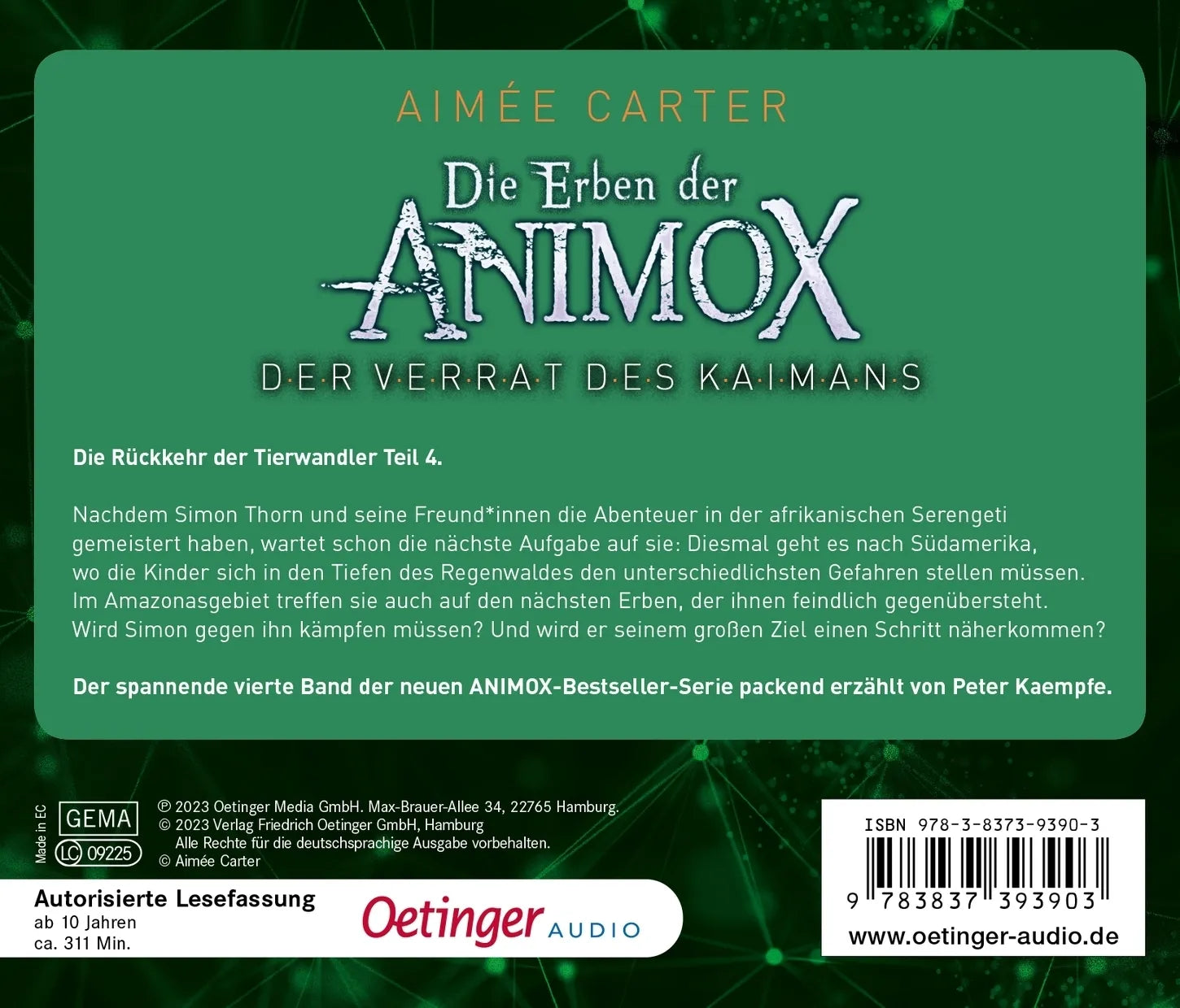 Buchrückseite von 'Die Erben der Animox 4. Der Verrat des Kaimans' mit Klappentext - Hörbuch (CD)