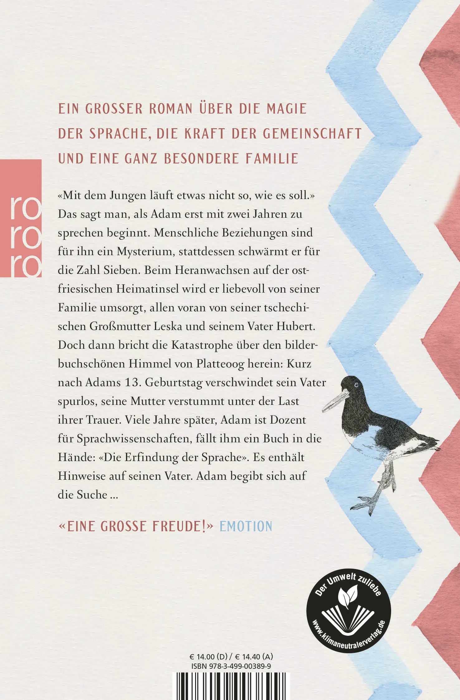 Buchrückseite von 'Die Erfindung der Sprache' mit Klappentext - Taschenbuch