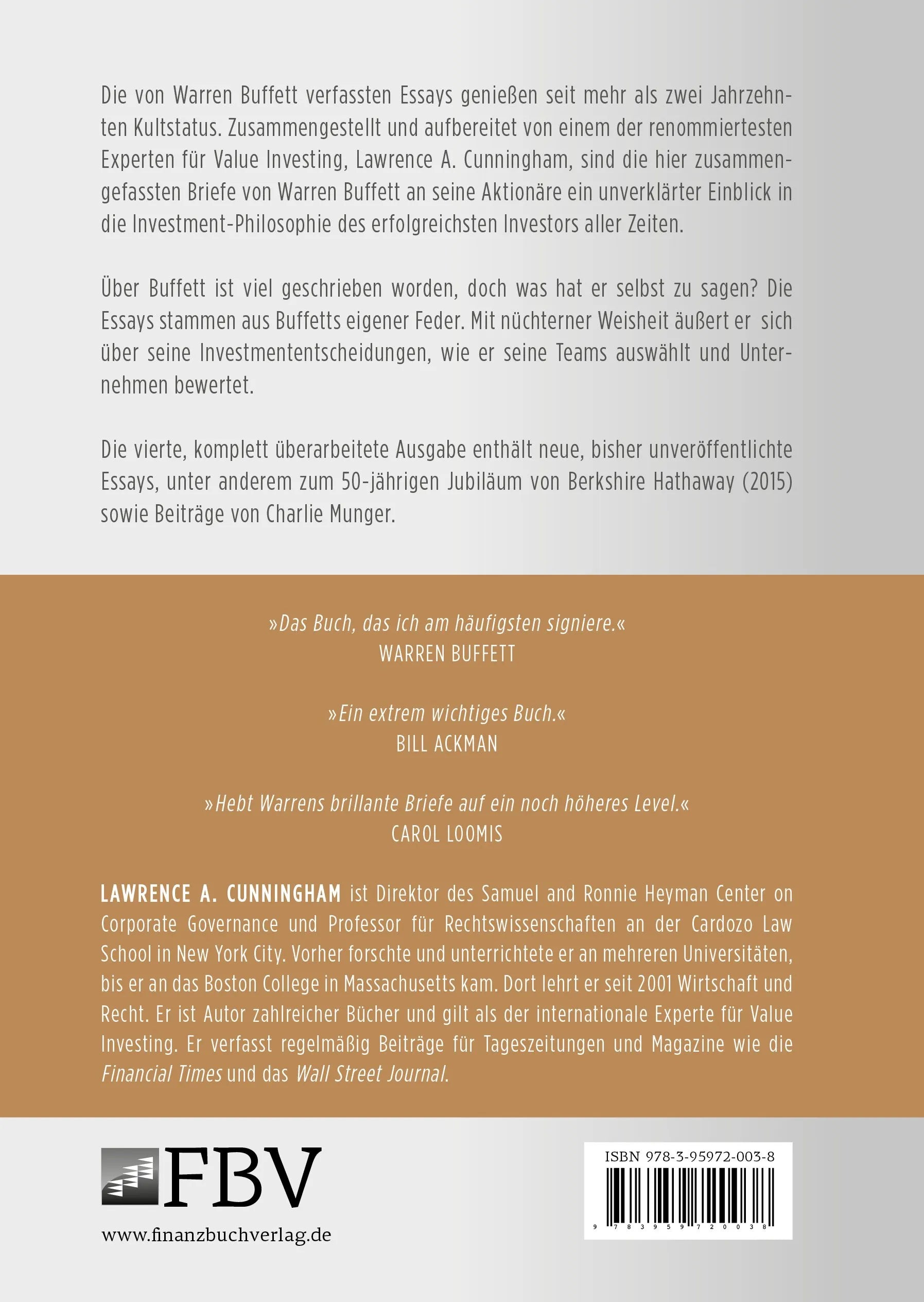Buchrückseite von 'Die Essays von Warren Buffett' mit Klappentext - Gebundene Ausgabe