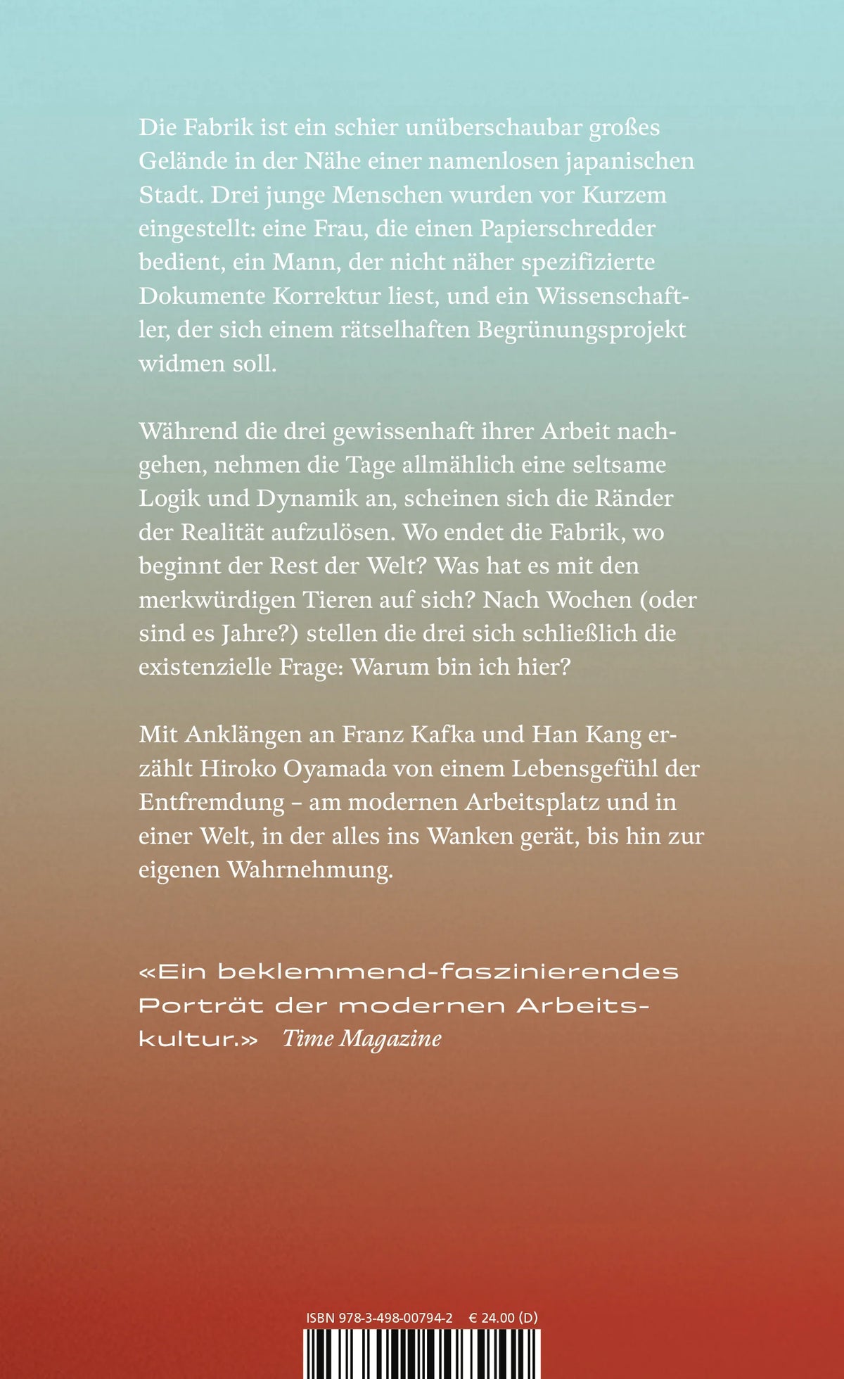 Buchrückseite von 'Die Fabrik' mit Klappentext - Gebundene Ausgabe