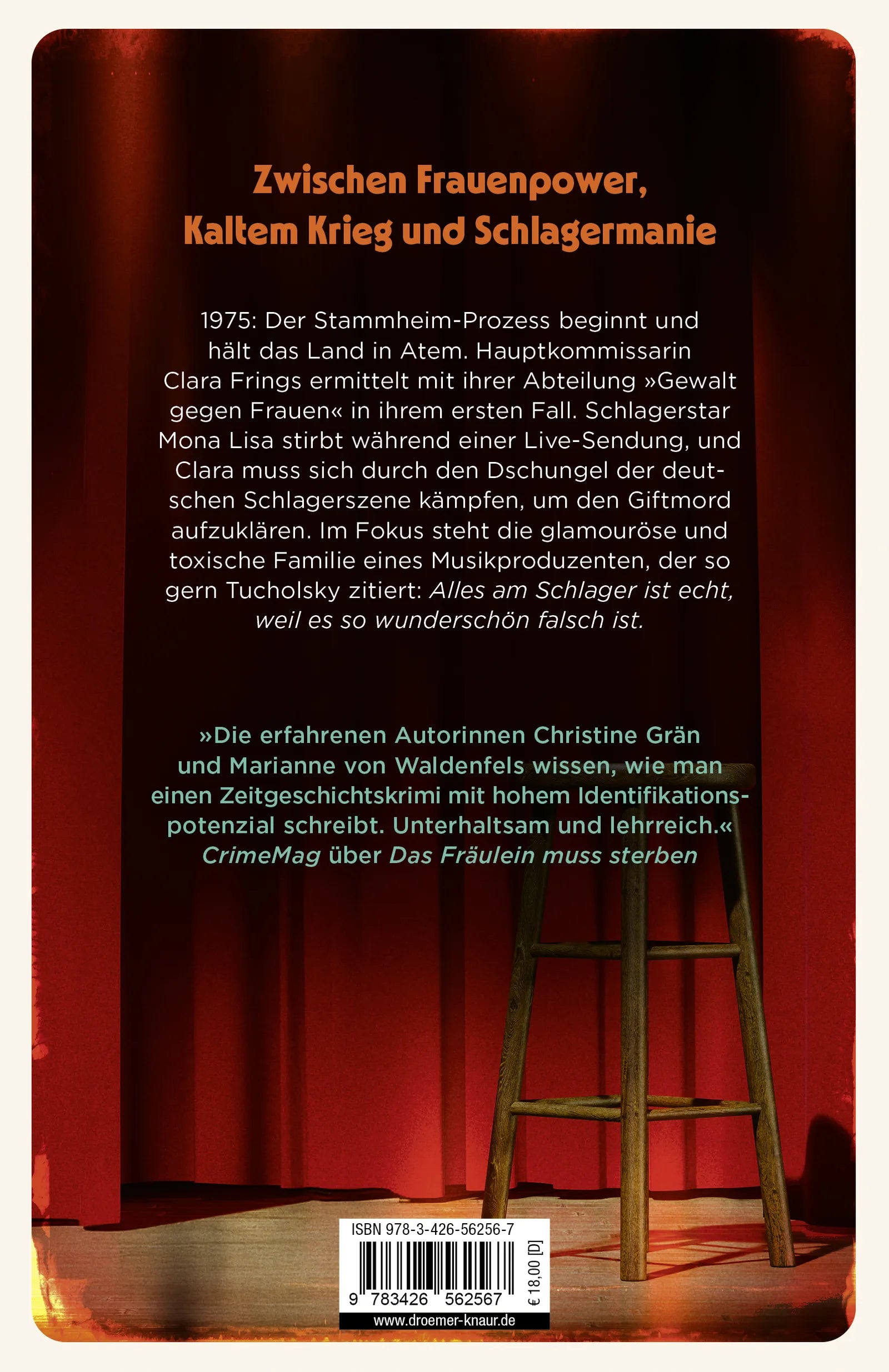 Buchrückseite von 'Die Frau, der Ruhm und der Tod' mit Klappentext - Paperback