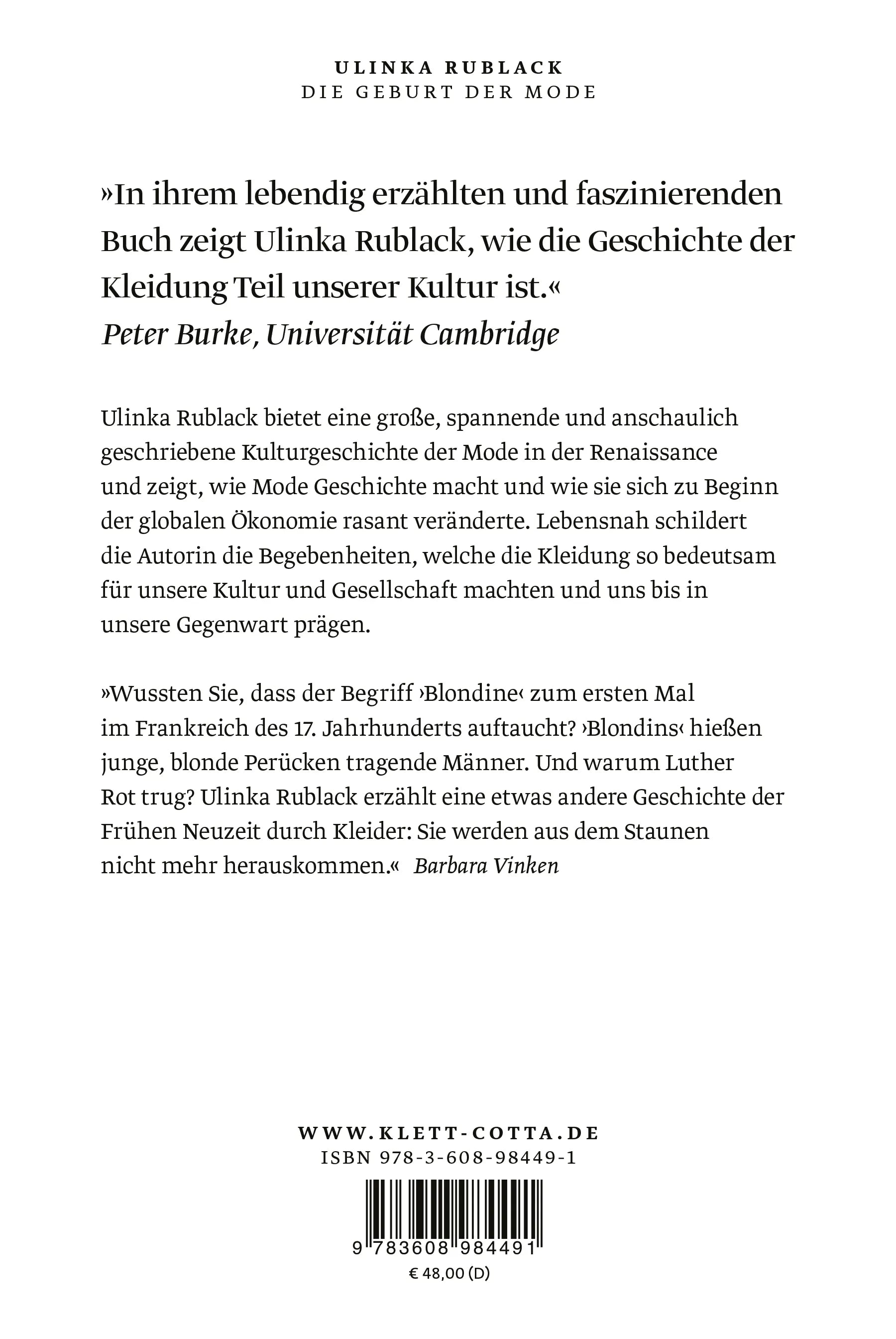 Buchrückseite von 'Die Geburt der Mode' mit Klappentext - Gebundene Ausgabe