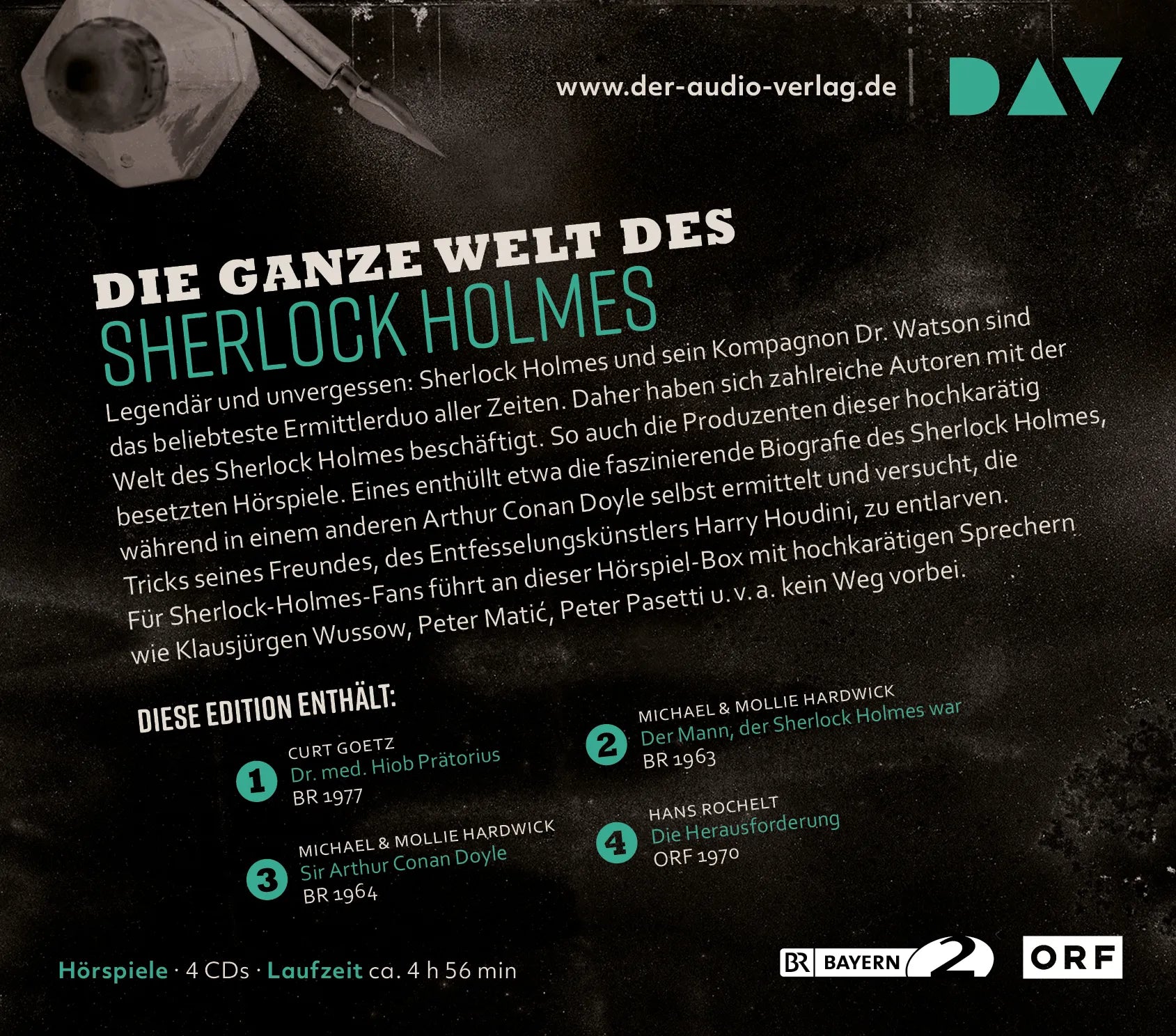 Buchrückseite von 'Die geheimen Fälle. Auf den Spuren von Sherlock Holmes & Co' mit Klappentext - Hörbuch (CD)