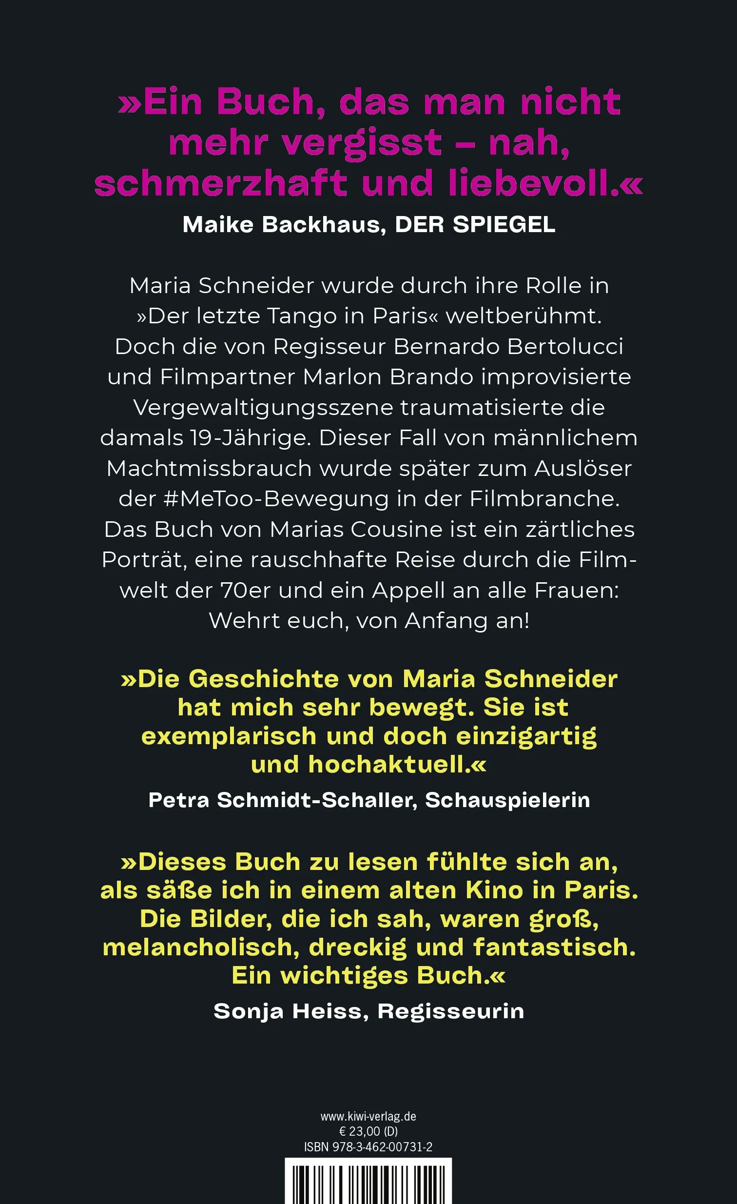 Buchrückseite von 'Die Geschichte der Maria Schneider' mit Klappentext - Gebundene Ausgabe