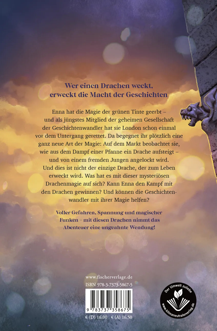 Buchrückseite von 'Die Geschichtenwandler − Steinerne Drachen' mit Klappentext - Gebundene Ausgabe