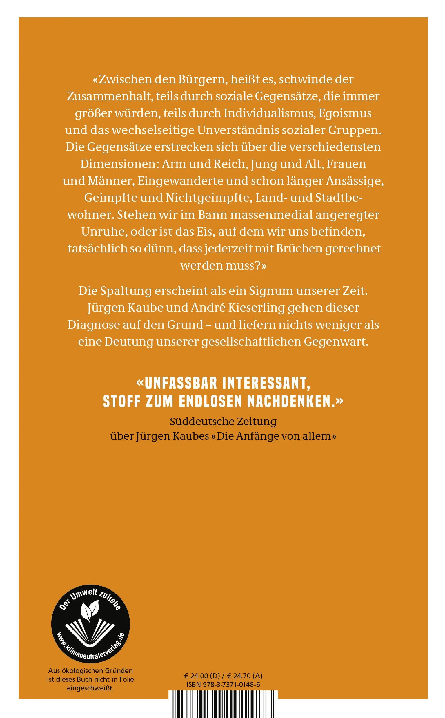 Buchrückseite von 'Die gespaltene Gesellschaft' mit Klappentext - Gebundene Ausgabe