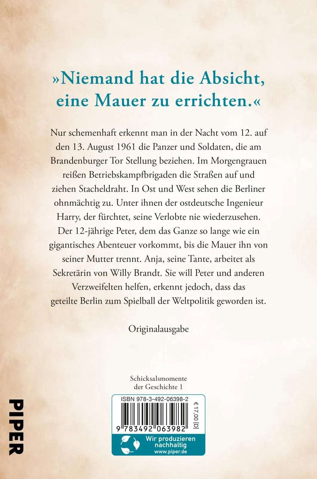 Buchrückseite von 'Die gespaltene Stadt' mit Klappentext - Paperback