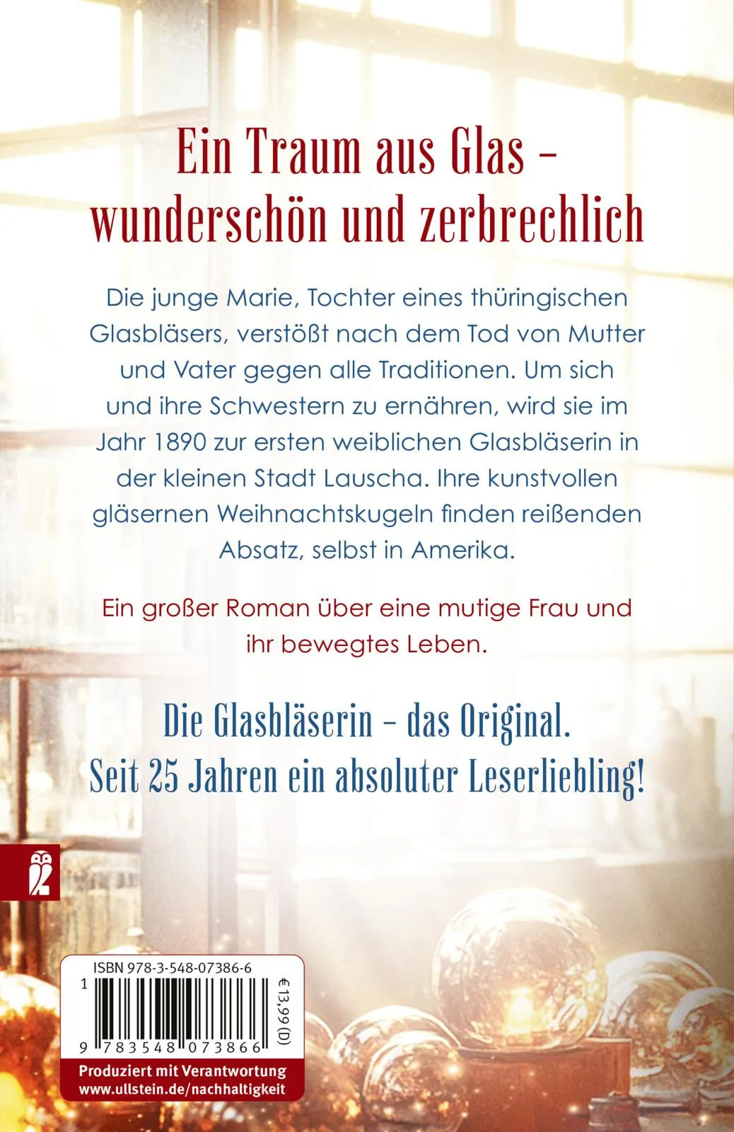 Buchrückseite von 'Die Glasbläserin' mit Klappentext - Taschenbuch