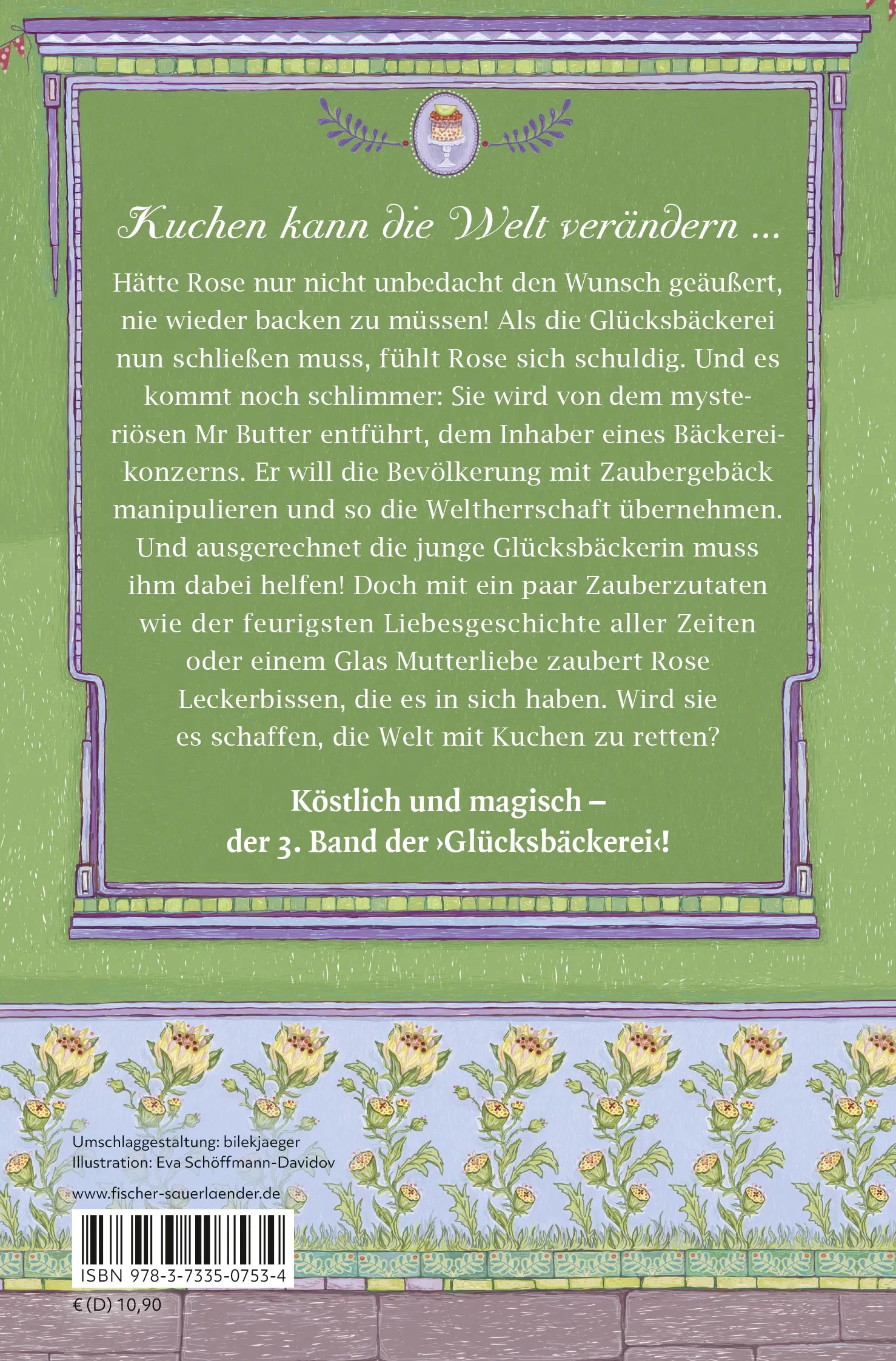 Buchrückseite von 'Die Glücksbäckerei – Die magische Verschwörung' mit Klappentext - Taschenbuch