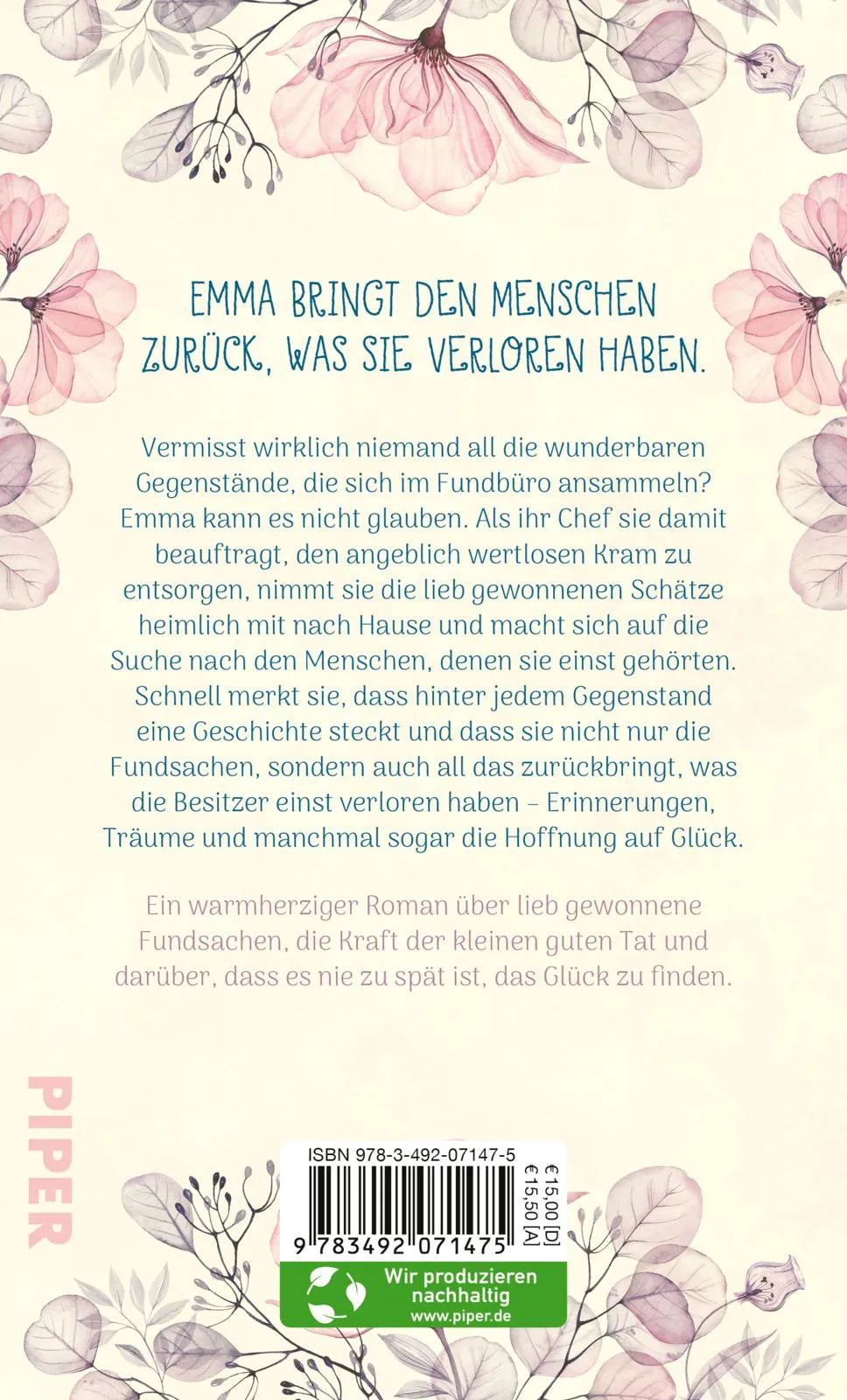 Buchrückseite von 'Die Glücksbringerin' mit Klappentext - Gebundene Ausgabe