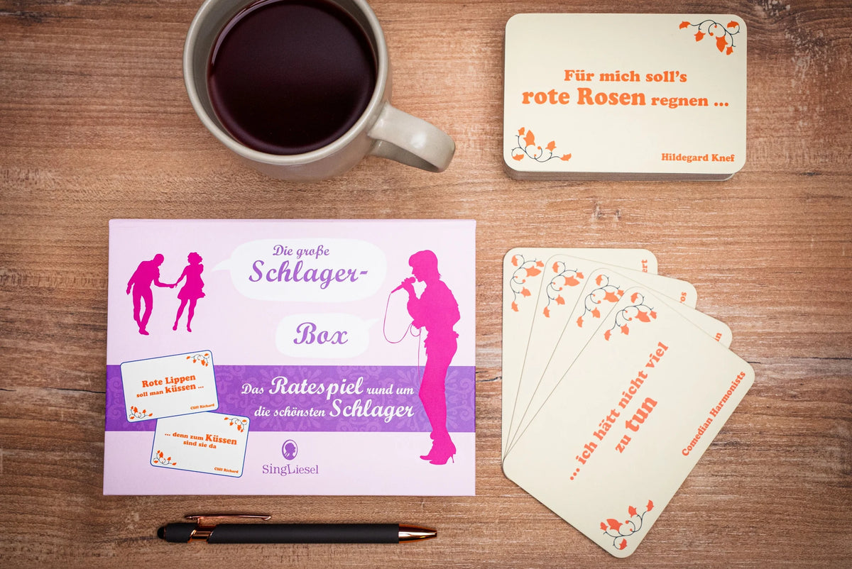 Die große Schlager-Box. Das Spiel für Senioren rund um die schönsten deutschen Schlager. Spiele Box mit 100 Karten. – Ansicht