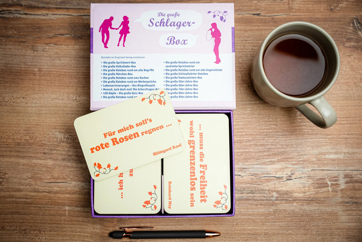 Die große Schlager-Box. Das Spiel für Senioren rund um die schönsten deutschen Schlager. Spiele Box mit 100 Karten. – Ansicht