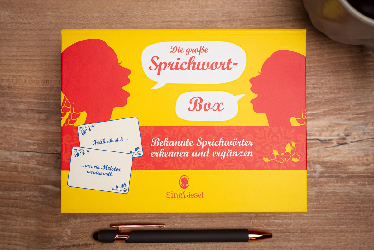 Die große Sprichwort-Quiz-Box für Senioren. Das Spiel rund um beliebte Sprichwörter für Senioren. Auch mit Demenz. Spiele-Box mit 100 Karten – Ansicht