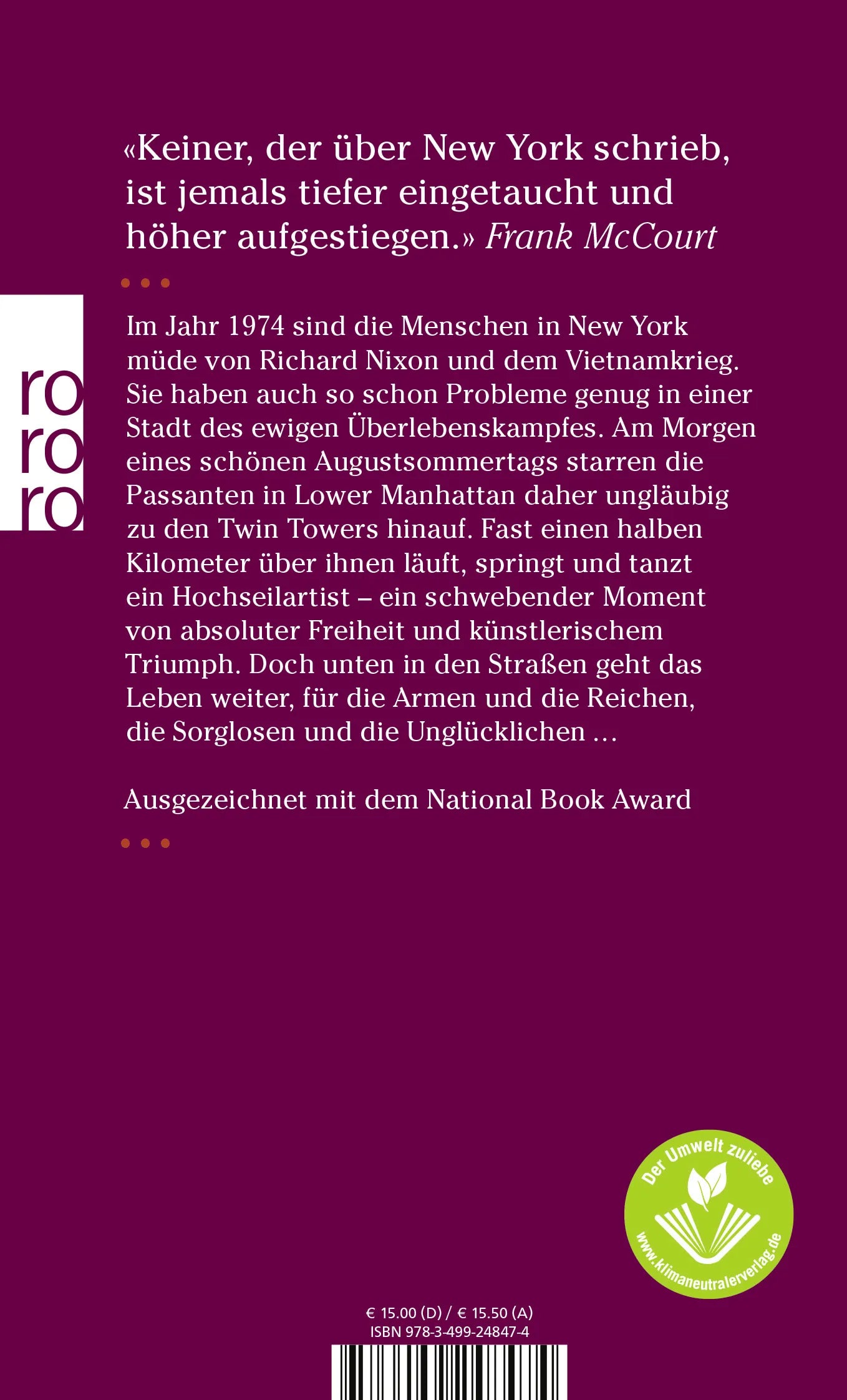 Buchrückseite von 'Die große Welt' mit Klappentext - Taschenbuch