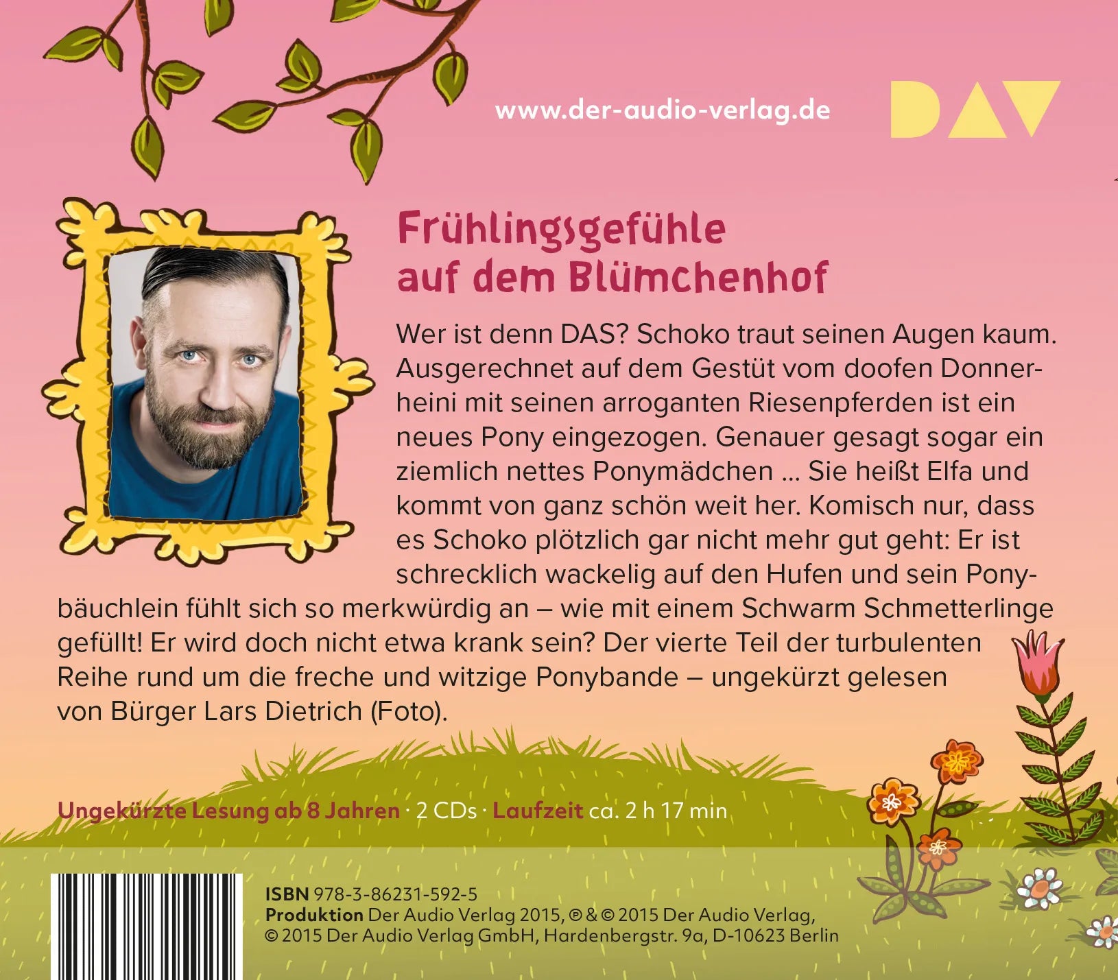 Buchrückseite von 'Die Haferhorde – Teil 4: Schmetterlinge im Ponybauch' mit Klappentext - Hörbuch (CD)