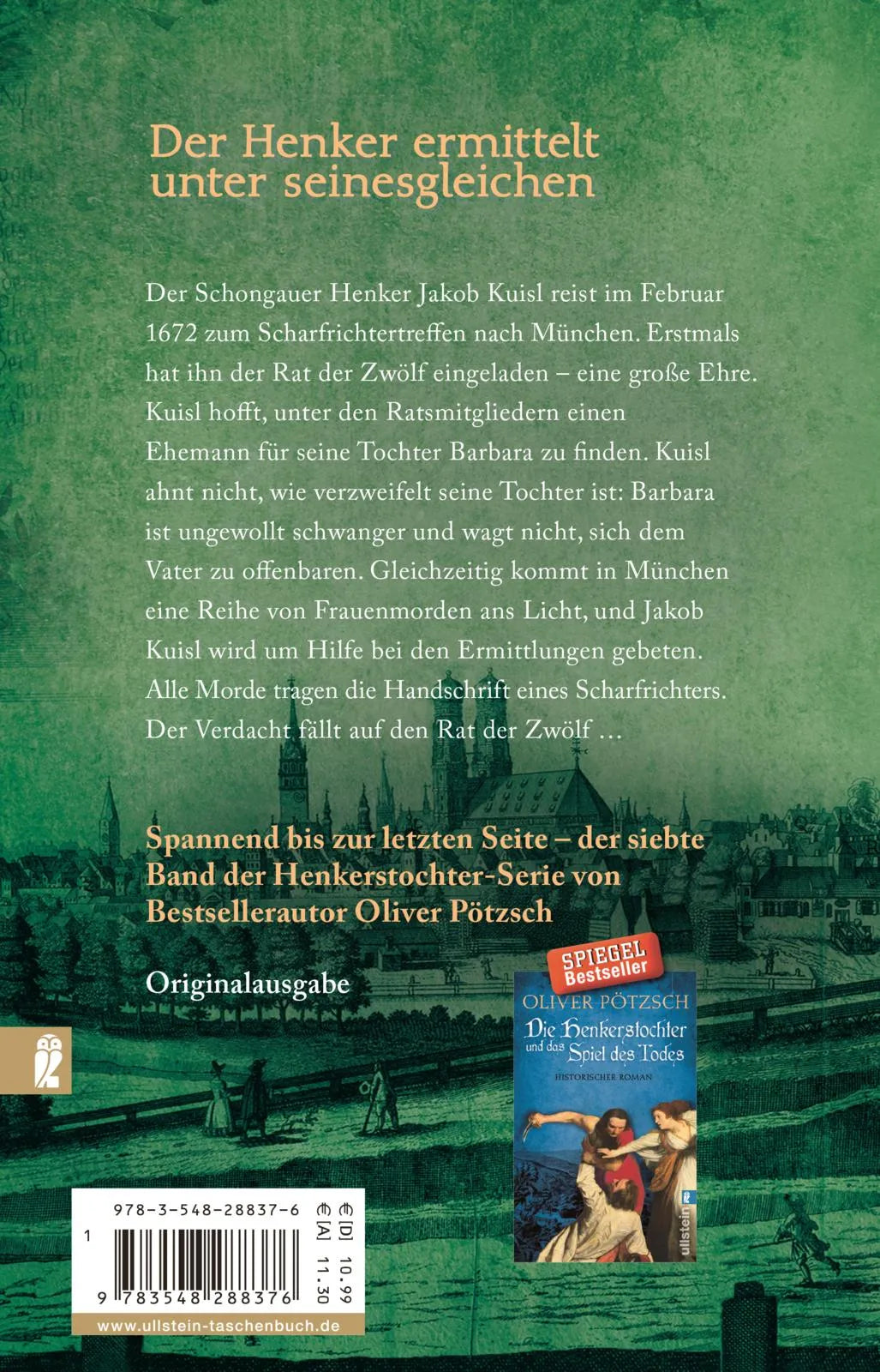 Buchrückseite von 'Die Henkerstochter und der Rat der Zwölf' mit Klappentext - Taschenbuch