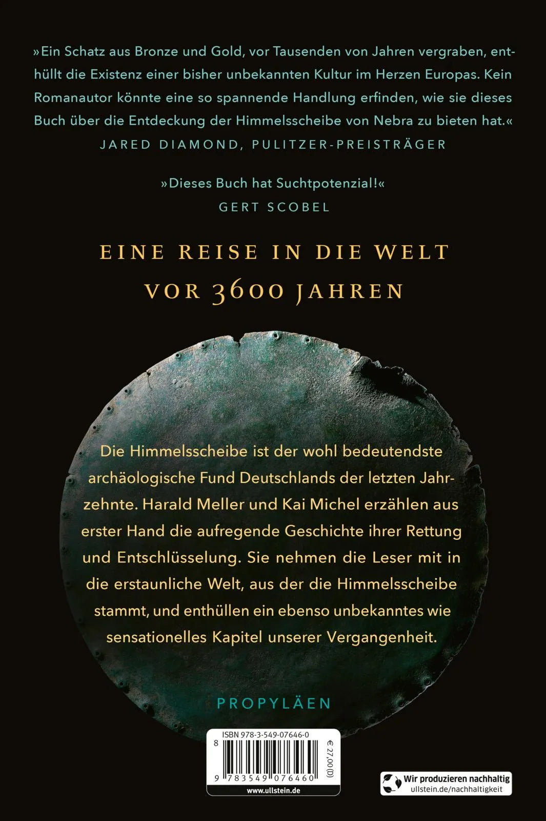 Buchrückseite von 'Die Himmelsscheibe von Nebra' mit Klappentext - Gebundene Ausgabe