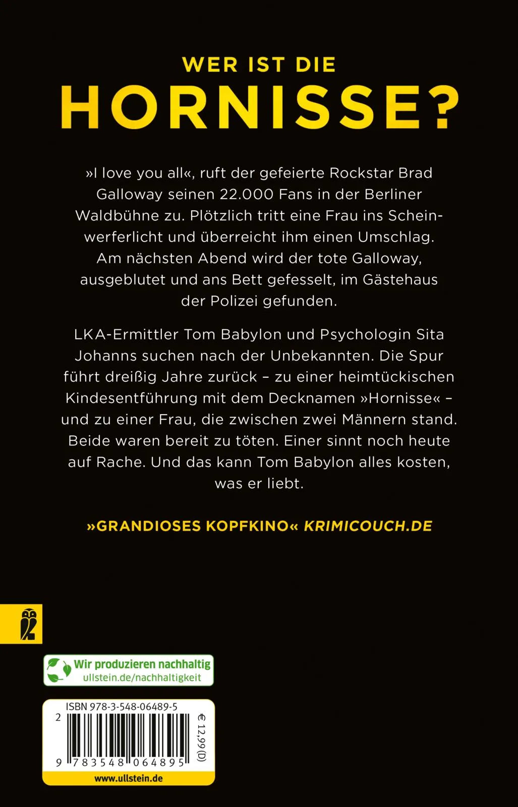 Buchrückseite von 'Die Hornisse' mit Klappentext - Taschenbuch
