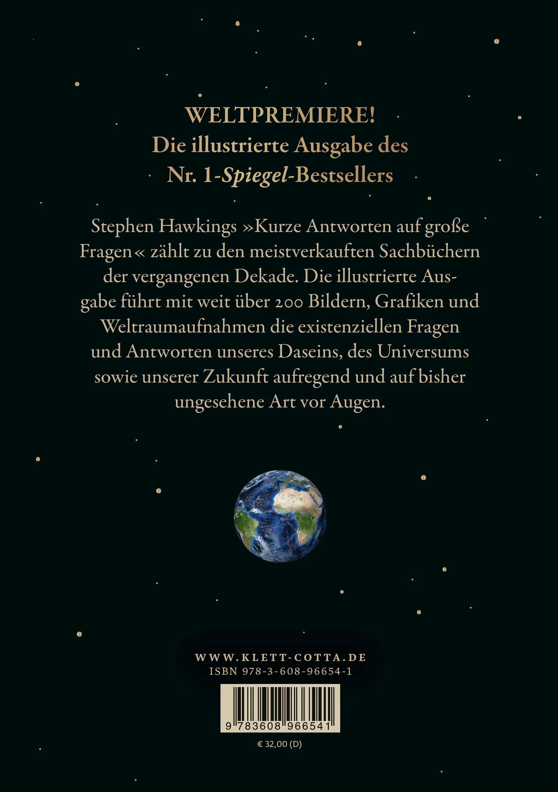 Buchrückseite von 'Die illustrierten kurzen Antworten auf große Fragen' mit Klappentext - Gebundene Ausgabe