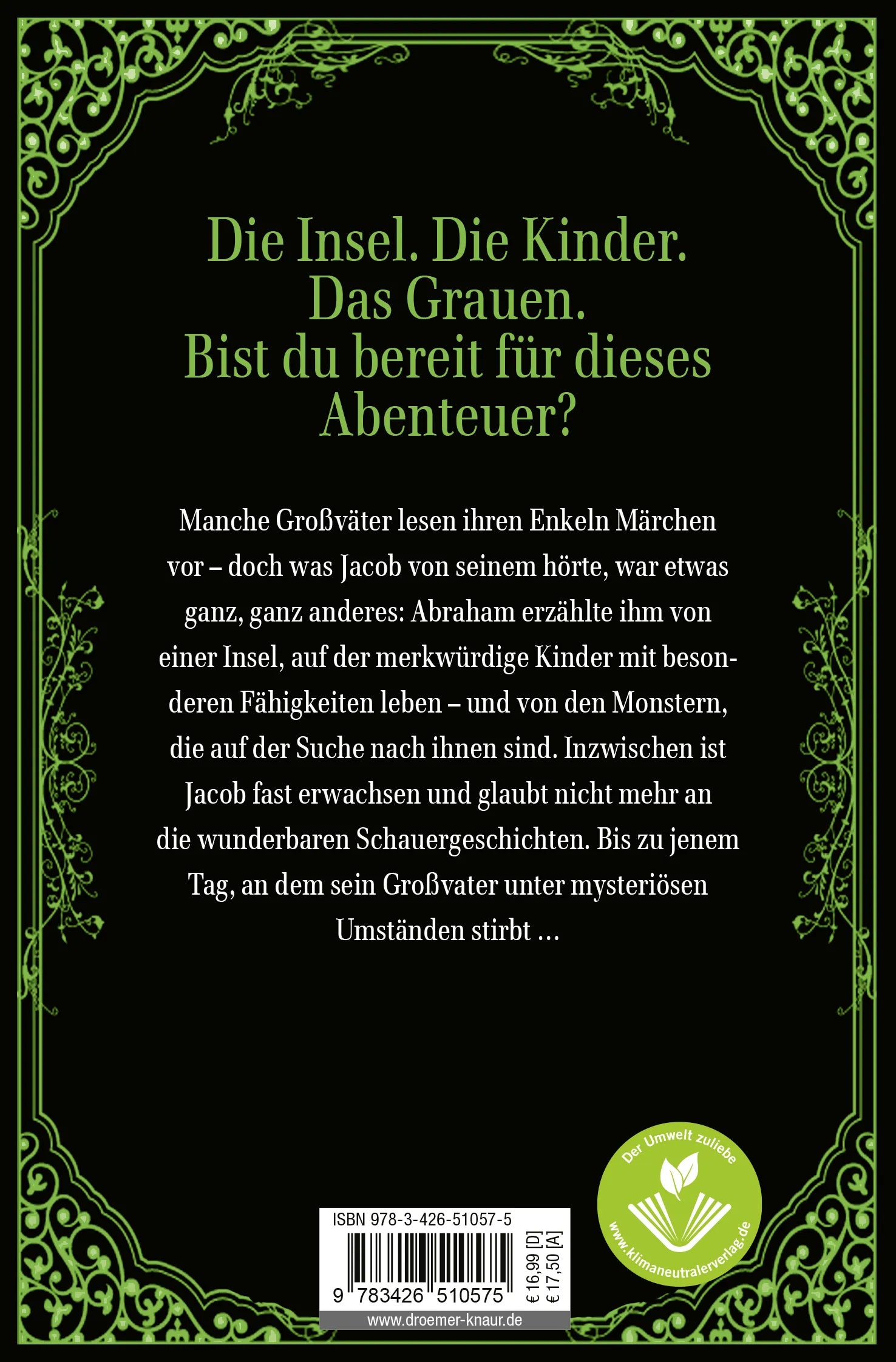 Buchrückseite von 'Die Insel der besonderen Kinder' mit Klappentext - Taschenbuch