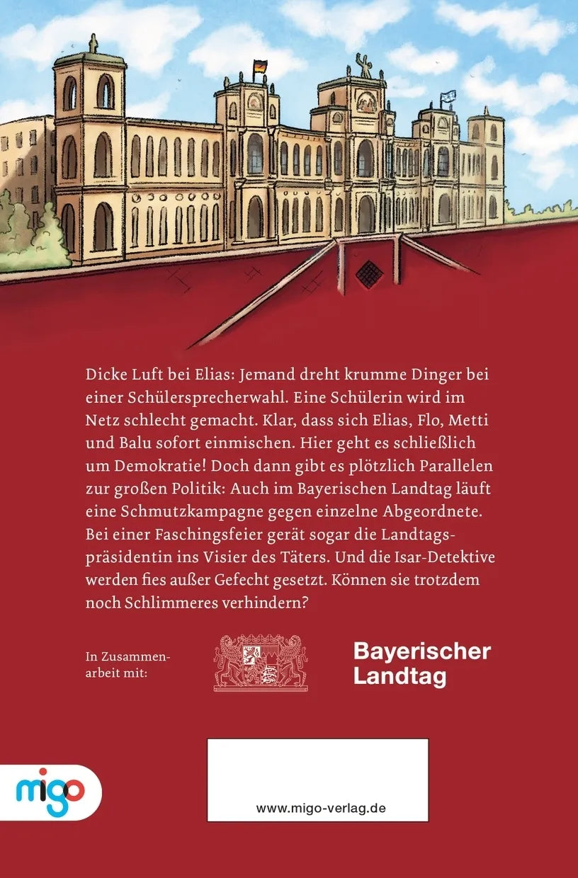 Buchrückseite von 'Die Isar-Detektive 4. Fasching in Gefahr' mit Klappentext - Taschenbuch