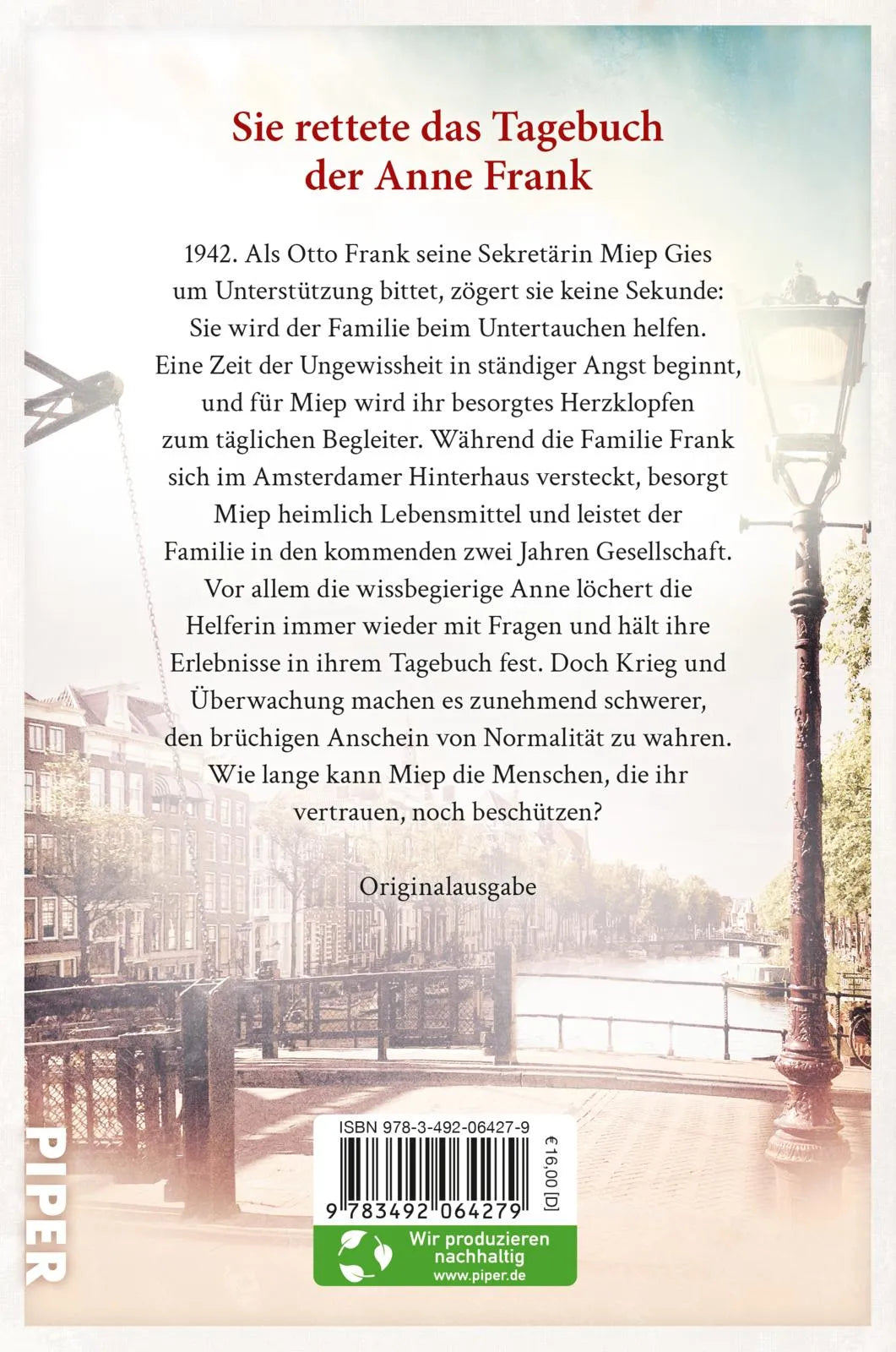 Buchrückseite von 'Die Kastanien an der Gracht – Miep Gies und das Tagebuch der Anne Frank' mit Klappentext - Paperback