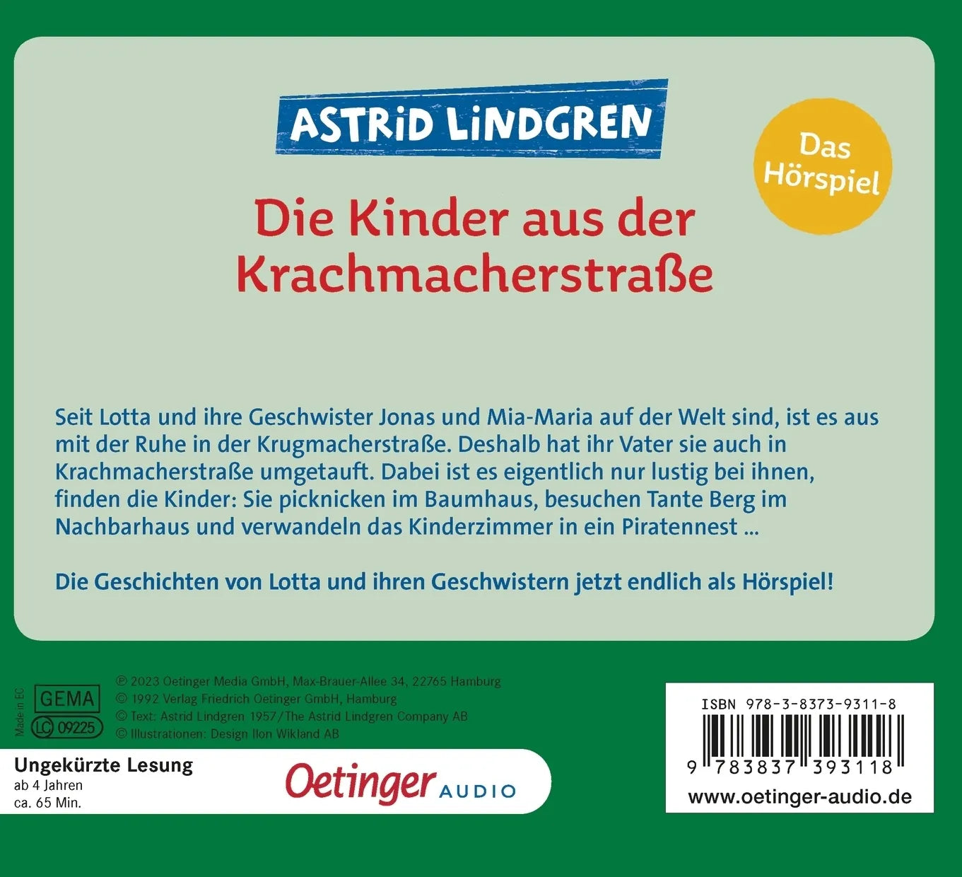 Buchrückseite von 'Die Kinder aus der Krachmacherstraße. Das Hörspiel' mit Klappentext - Hörbuch (CD)