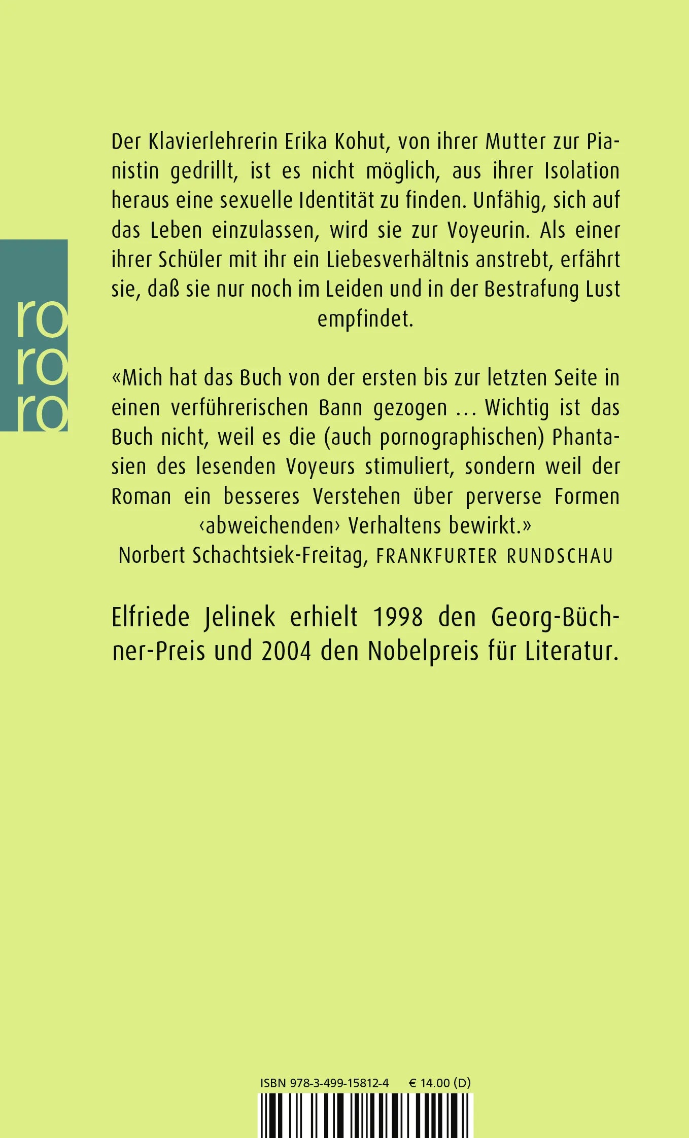 Buchrückseite von 'Die Klavierspielerin' mit Klappentext - Taschenbuch