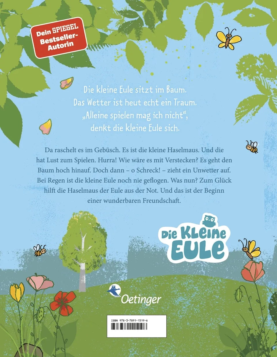 Buchrückseite von 'Die kleine Eule findet einen Freund' mit Klappentext - Gebundene Ausgabe