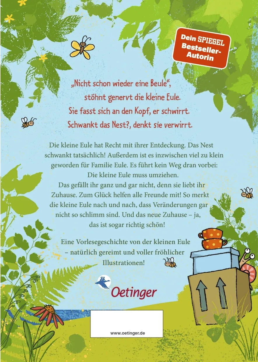Buchrückseite von 'Die kleine Eule zieht um' mit Klappentext - Gebundene Ausgabe