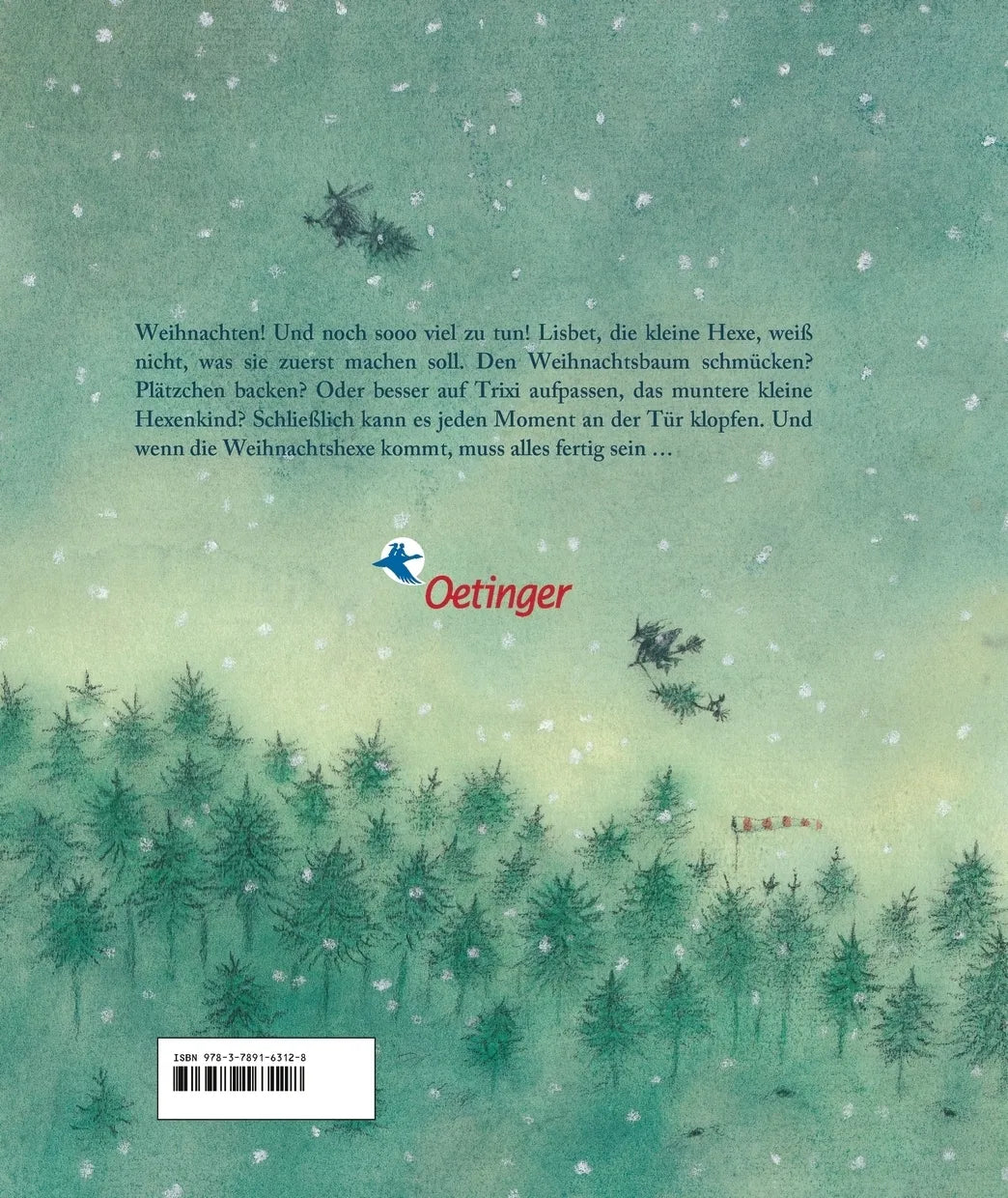 Buchrückseite von 'Die kleine Hexe feiert Weihnachten' mit Klappentext - Gebundene Ausgabe